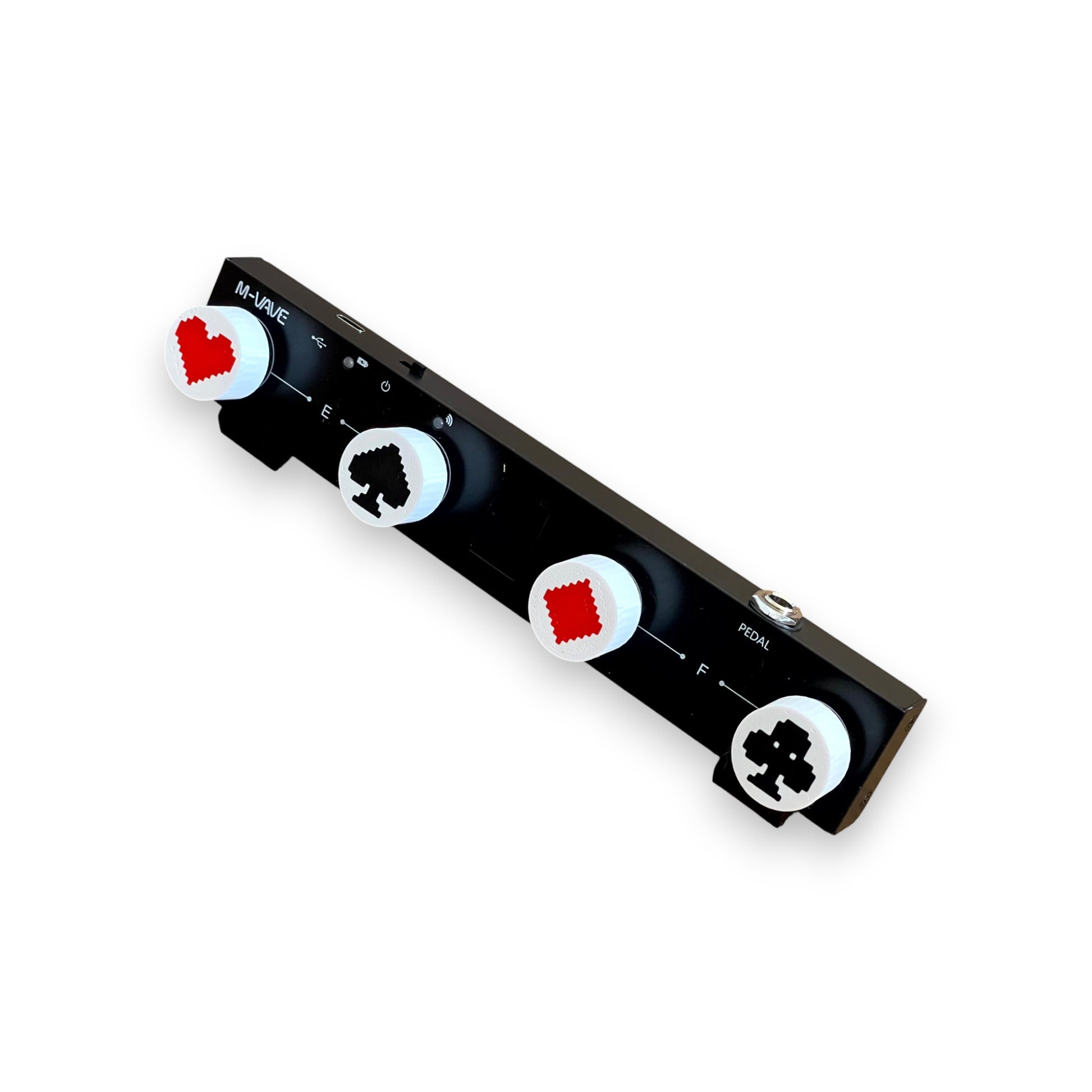Set of 4 Card Suit Guitar Pedal Footswitch Toppers for 8.5mm / 10mm / 11mm Foot Switches. 3D printed by Cold Earth Industries, shown on a guitar pedal, on a white background.