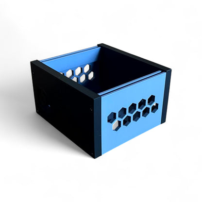 3D printed 20HP 3U Eurorack modular synthesizer case by Cold Earth Industries, shown with grey body and black side panels on a white background – custom desktop skiff enclosure.