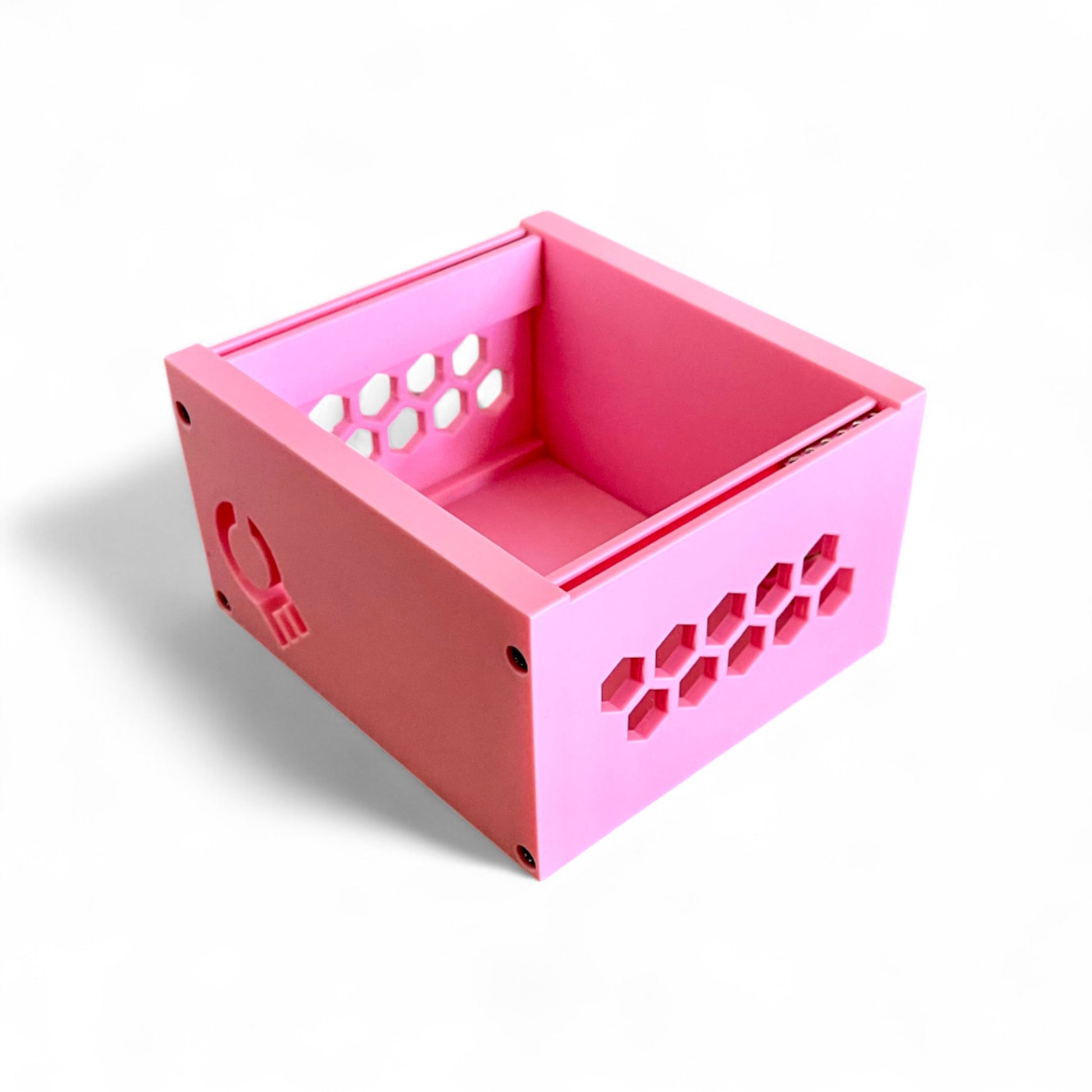 3D printed 20HP 3U Eurorack modular synthesizer case by Cold Earth Industries, shown with pink body and pink side panels on a white background – custom desktop skiff enclosure.