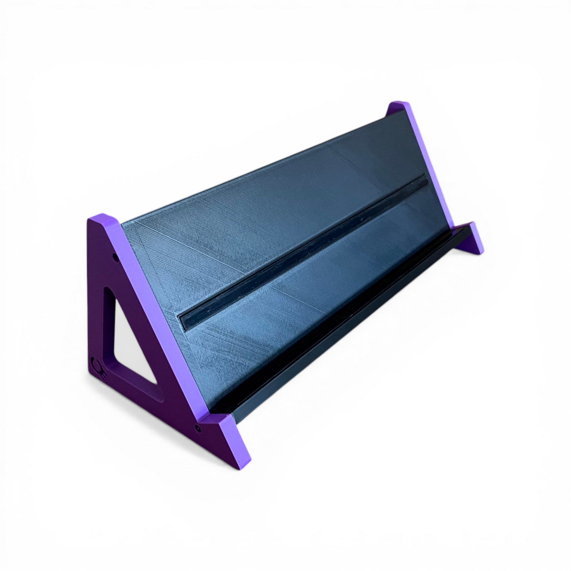 3D printed Guitar Pedal Desktop Stand - Open Sides 400mm x 150mm 60 Degree Pedalboard & Synth Stand stand by Cold Earth Industries, shown in black with purple Sides, on a white background – custom desktop stands.
