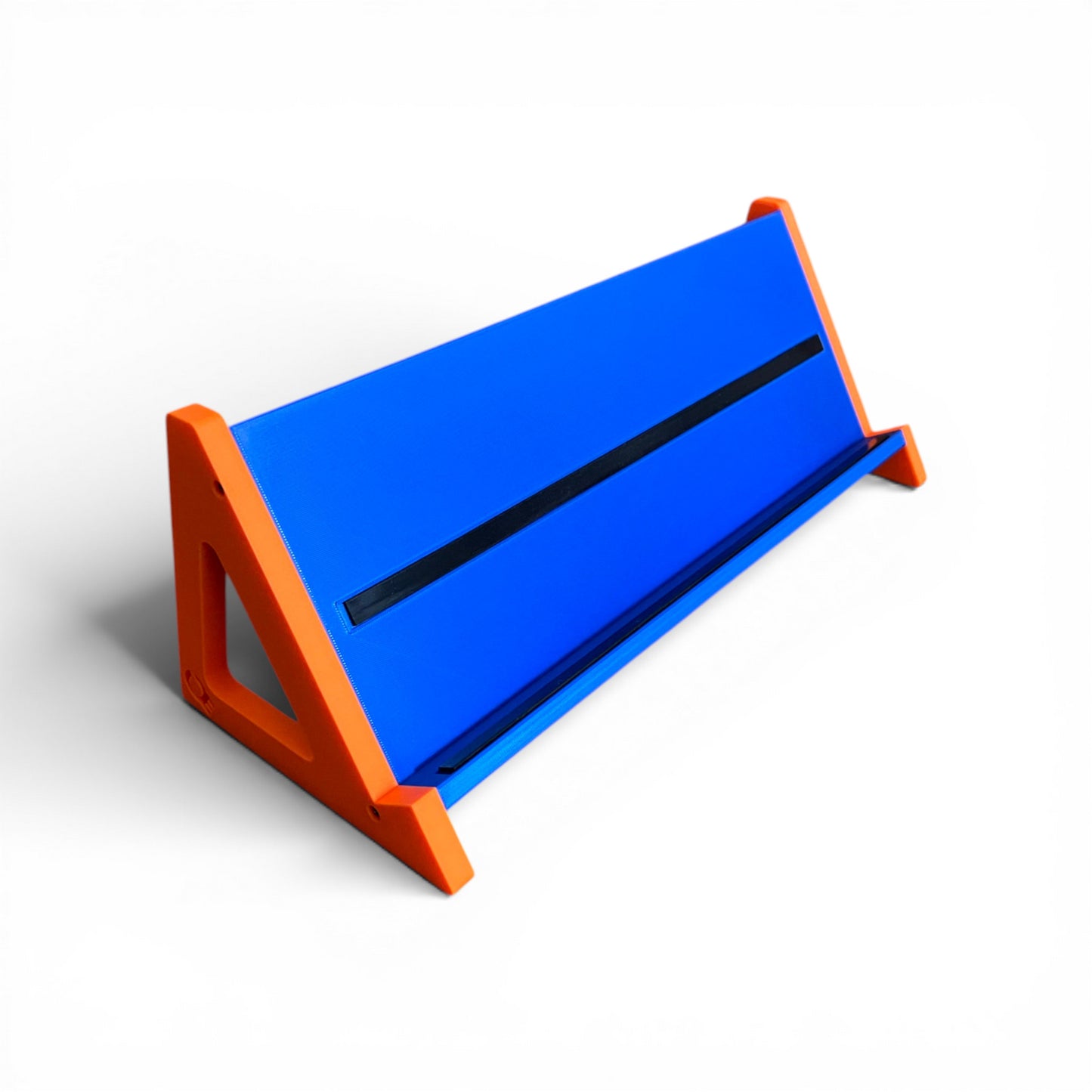 3D printed Guitar Pedal Desktop Stand - Open Sides 400mm x 150mm 60 Degree Pedalboard & Synth Stand stand by Cold Earth Industries, shown in blue with Orange Sides, on a white background – custom desktop stands.