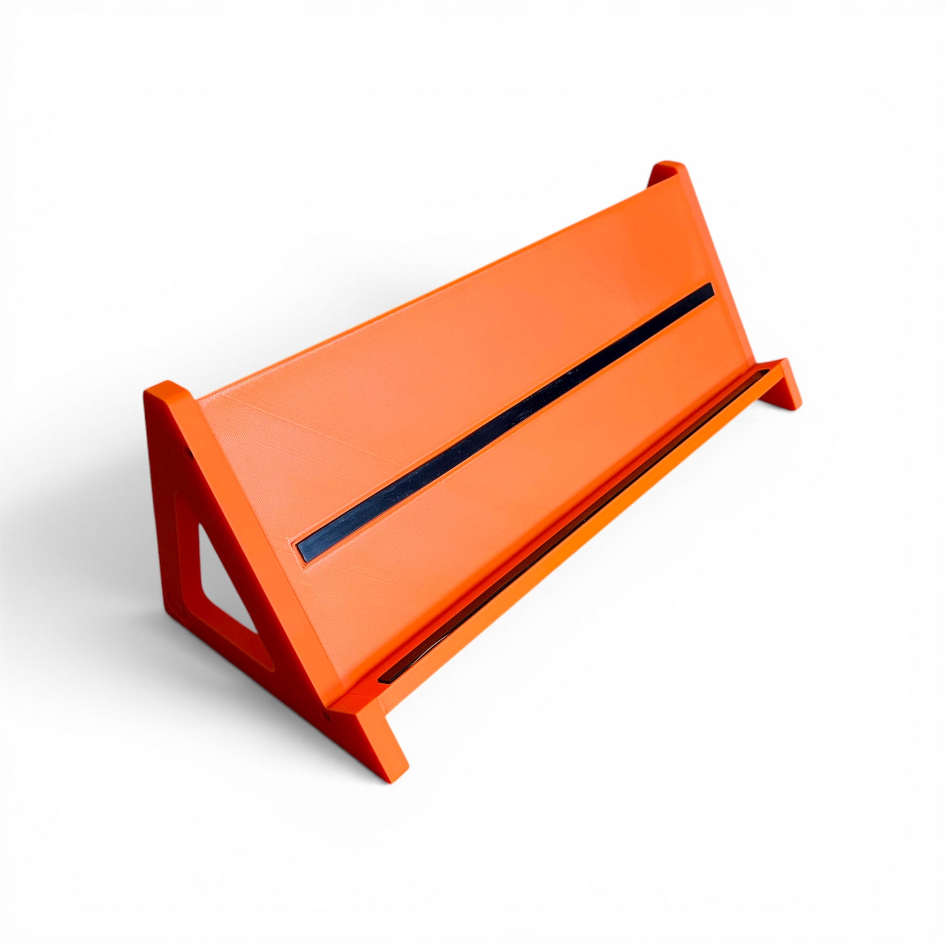 3D printed Guitar Pedal Desktop Stand - Open Sides 400mm x 150mm 60 Degree Pedalboard & Synth Stand stand by Cold Earth Industries, shown in orange with Orange Sides, on a white background – custom desktop stands.