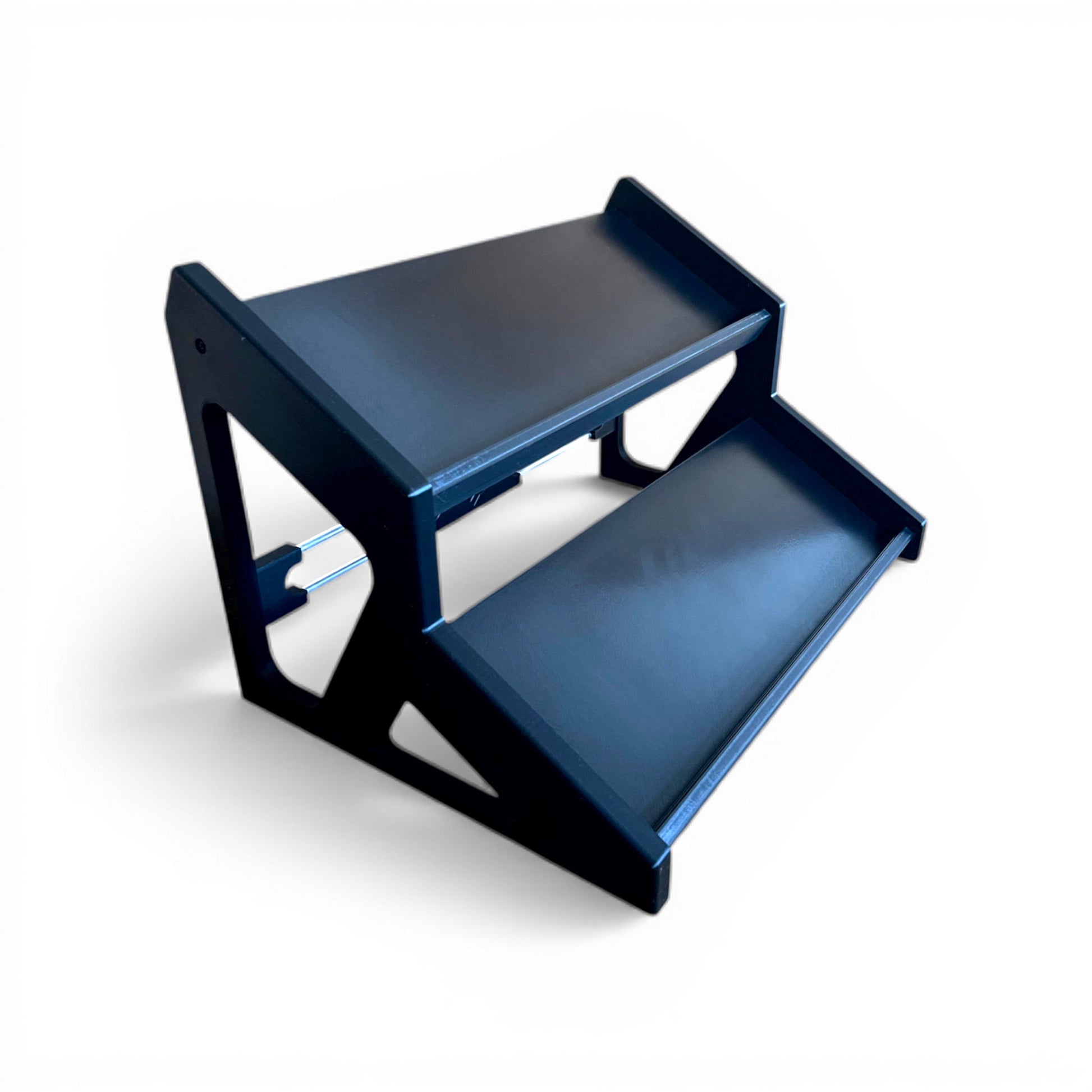 3D printed Guitar Pedal Desktop Stand 2 Tier 400mm width x 150mm hold depth per tier, 30 Degree Pedalboard & Synth Stand stand by Cold Earth Industries, shown in black with black sides on a white background – custom desktop stands.