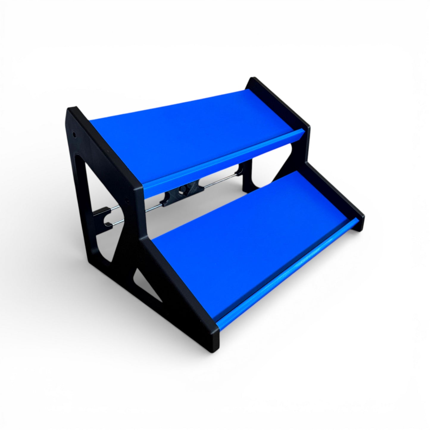 3D printed Guitar Pedal Desktop Stand 2 Tier 400mm width x 150mm hold depth per tier, 30 Degree Pedalboard & Synth Stand stand by Cold Earth Industries, shown in blue with black sides on a white background – custom desktop stands.