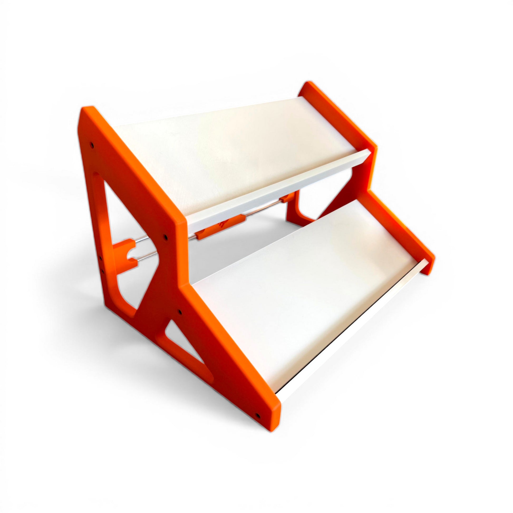 3D printed Guitar Pedal Desktop Stand 2 Tier 400mm width x 150mm hold depth per tier, 30 Degree Pedalboard & Synth Stand stand by Cold Earth Industries, shown in white with orange sides on a white background – custom desktop stands.