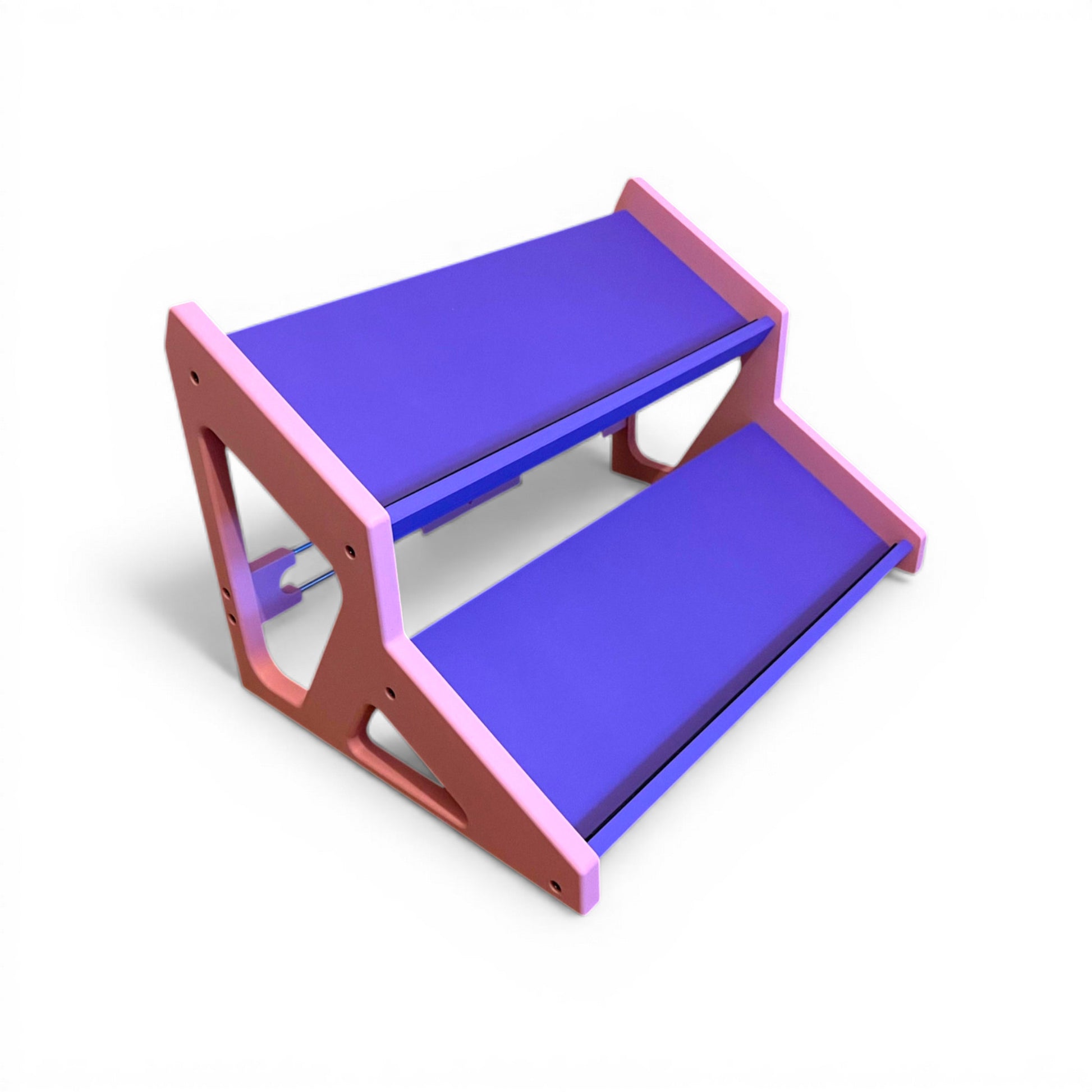 3D printed Guitar Pedal Desktop Stand 2 Tier 400mm width x 150mm hold depth per tier, 30 Degree Pedalboard & Synth Stand stand by Cold Earth Industries, shown in purple with pink sides on a white background – custom desktop stands.