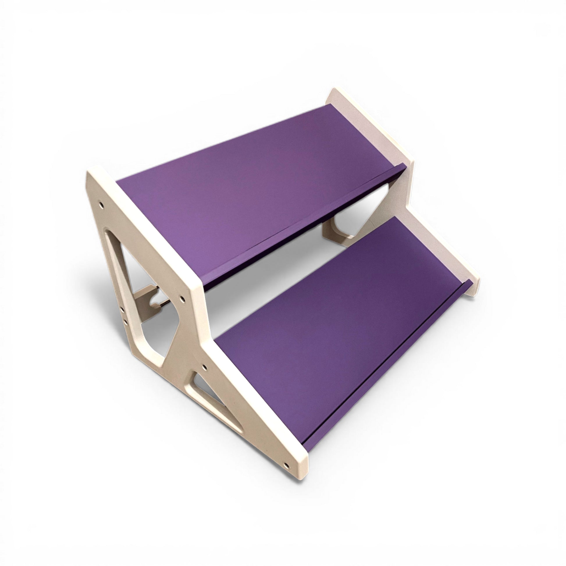 3D printed Guitar Pedal Desktop Stand 2 Tier 400mm width x 150mm hold depth per tier, 30 Degree Pedalboard & Synth Stand stand by Cold Earth Industries, shown in purple with white sides on a white background – custom desktop stands.