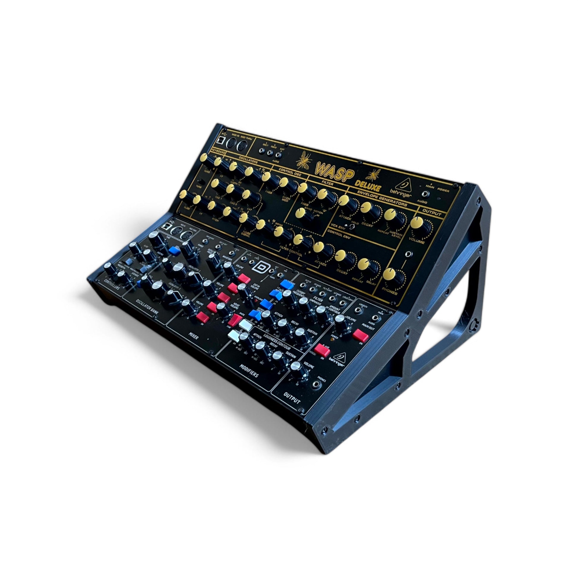 Behringer 2 Tier Synthesizer Stand | 3D Printed Synthesizer Stand | Cold Earth Industries - Custom 3D printed stand in Black - Reverse View - by Cold Earth Industries - with Wasp and Model D Synthesizers (not included)