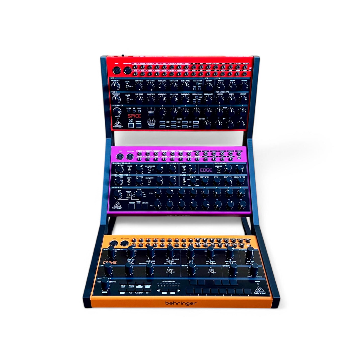 3D printed Behringer Crave / Edge / Spice / Grind 3 Tier Side Panels Synth stand by Cold Earth Industries, shown front view in black on a white background holding Behringer Crave, behringer Edge, Behringer Spice – custom desktop stands.