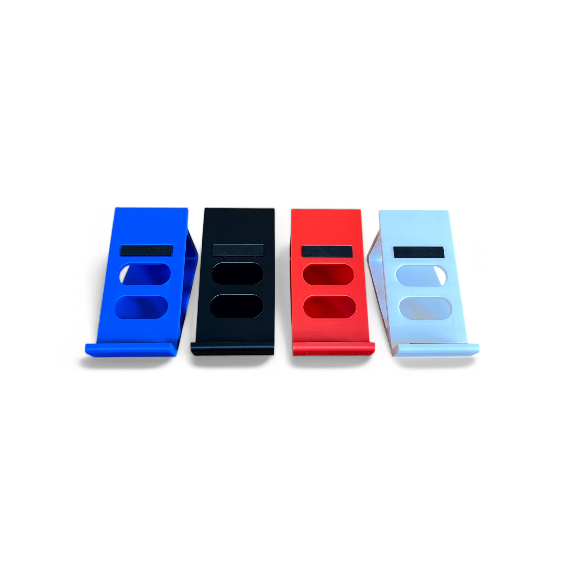 Cold Earth Industries Guitar Pedal Stand LITE 30 Degree 65mm - 175mm Widths | 3D Printed Guitar Pedal Stand | Cold Earth Industries - 3D printed stand in Blue, Black, Red and White - Side by Side-  by Cold Earth Industries