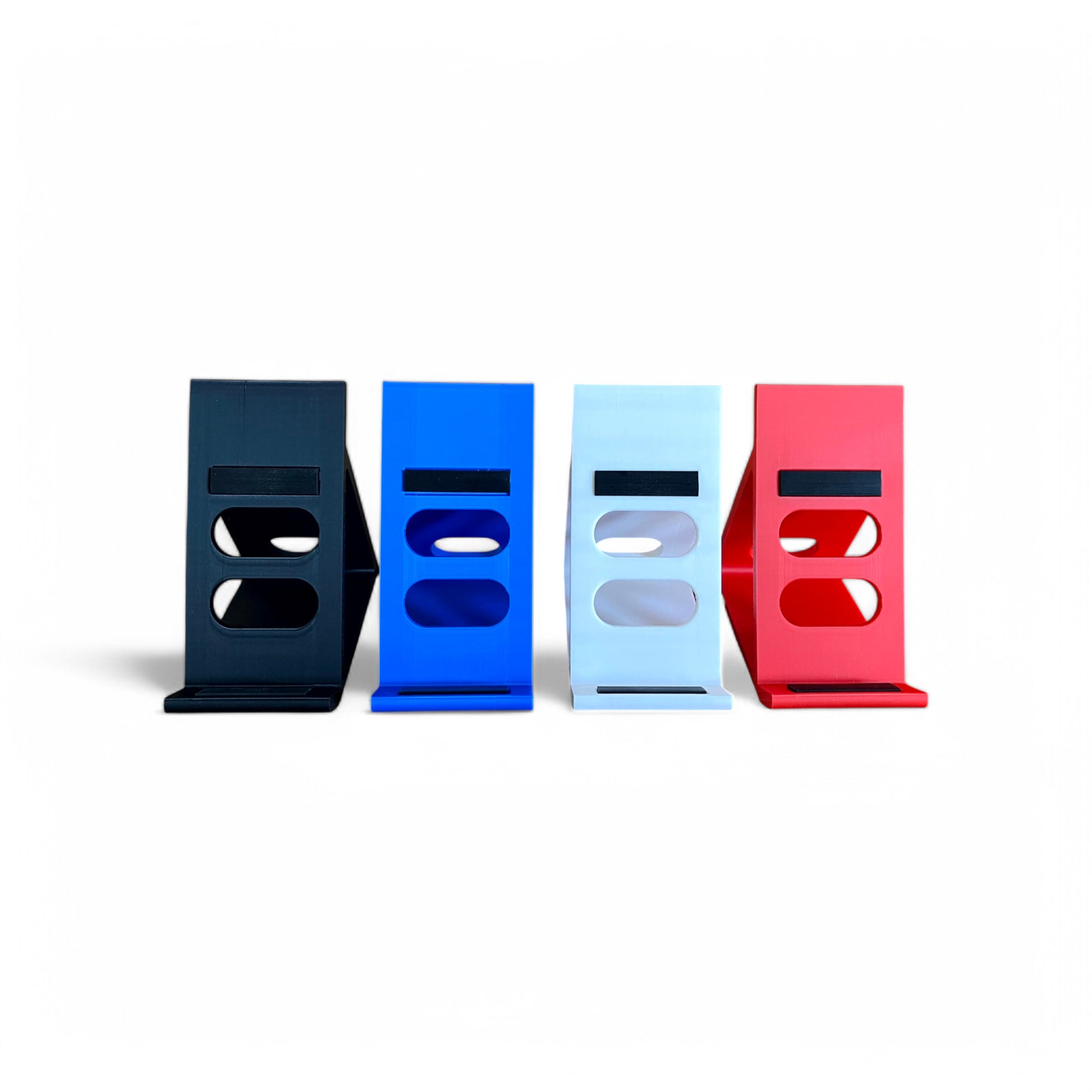 Cold Earth Industries Guitar Pedal Stand LITE 60 Degree 65mm - 175mm Widths | 3D Printed Guitar Pedal Stand | Cold Earth Industries - 3D printed stand in Black, Blue, White and Red - Side By Side - by Cold Earth Industries