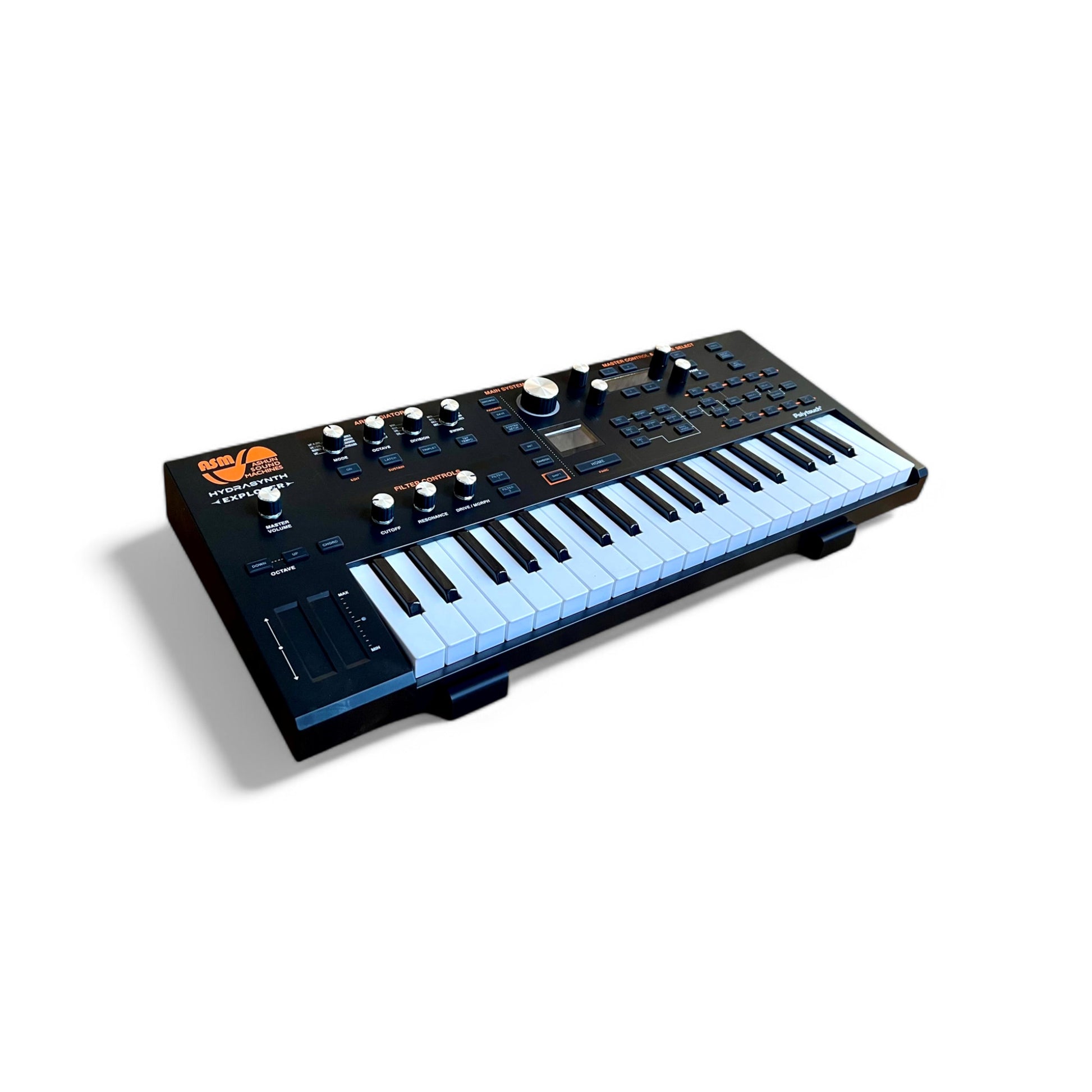 3D printed ASM HydraSynth Explorer 10 degree Synth stand by Cold Earth Industries, shown in black on a white background with ASM Hydrasynth Explorer Synthesizer