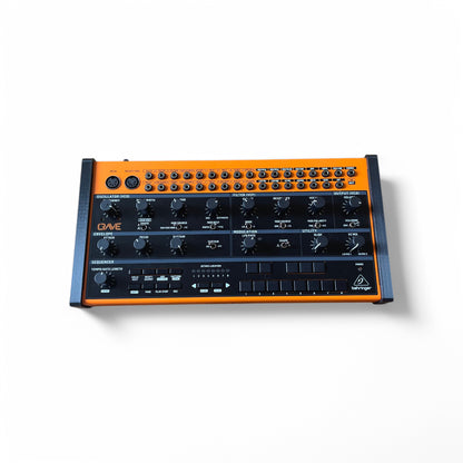 3D printed Behringer Crave / Edge / Spice / Grind Side Panels Synth stand by Cold Earth Industries, shown front view with Behringer Crave in black on a white background – custom desktop stands.