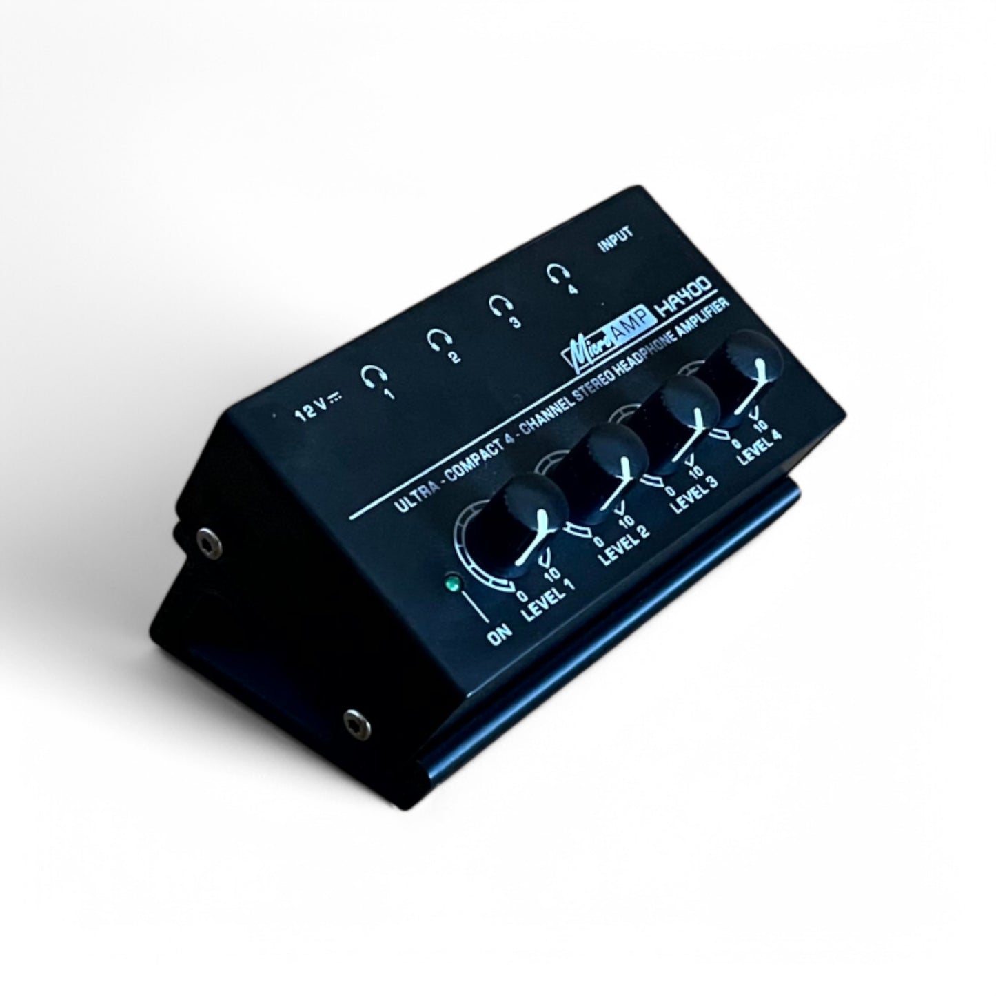 Behringer HA400 Ultra-Compact 4 Channel Stereo Headphone Amplifier Stand | 3D Printed MicroAmp Stand | Cold Earth Industries - 30 Degree 3D printed stand in Black with HA400 by Cold Earth Industries