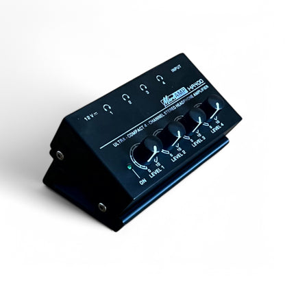 Behringer HA400 Ultra-Compact 4 Channel Stereo Headphone Amplifier Stand | 3D Printed MicroAmp Stand | Cold Earth Industries - 30 Degree 3D printed stand in Black with HA400 by Cold Earth Industries