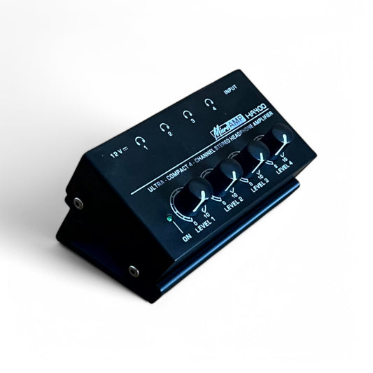 Behringer HA400 Ultra-Compact 4 Channel Stereo Headphone Amplifier Stand | 3D Printed MicroAmp Stand | Cold Earth Industries - 30 Degree 3D printed stand in Black with HA400 by Cold Earth Industries