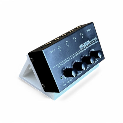 Behringer HA400 Ultra-Compact 4 Channel Stereo Headphone Amplifier Stand | 3D Printed MicroAmp Stand | Cold Earth Industries - 60 Degree 3D printed stand in White with HA400 by Cold Earth Industries
