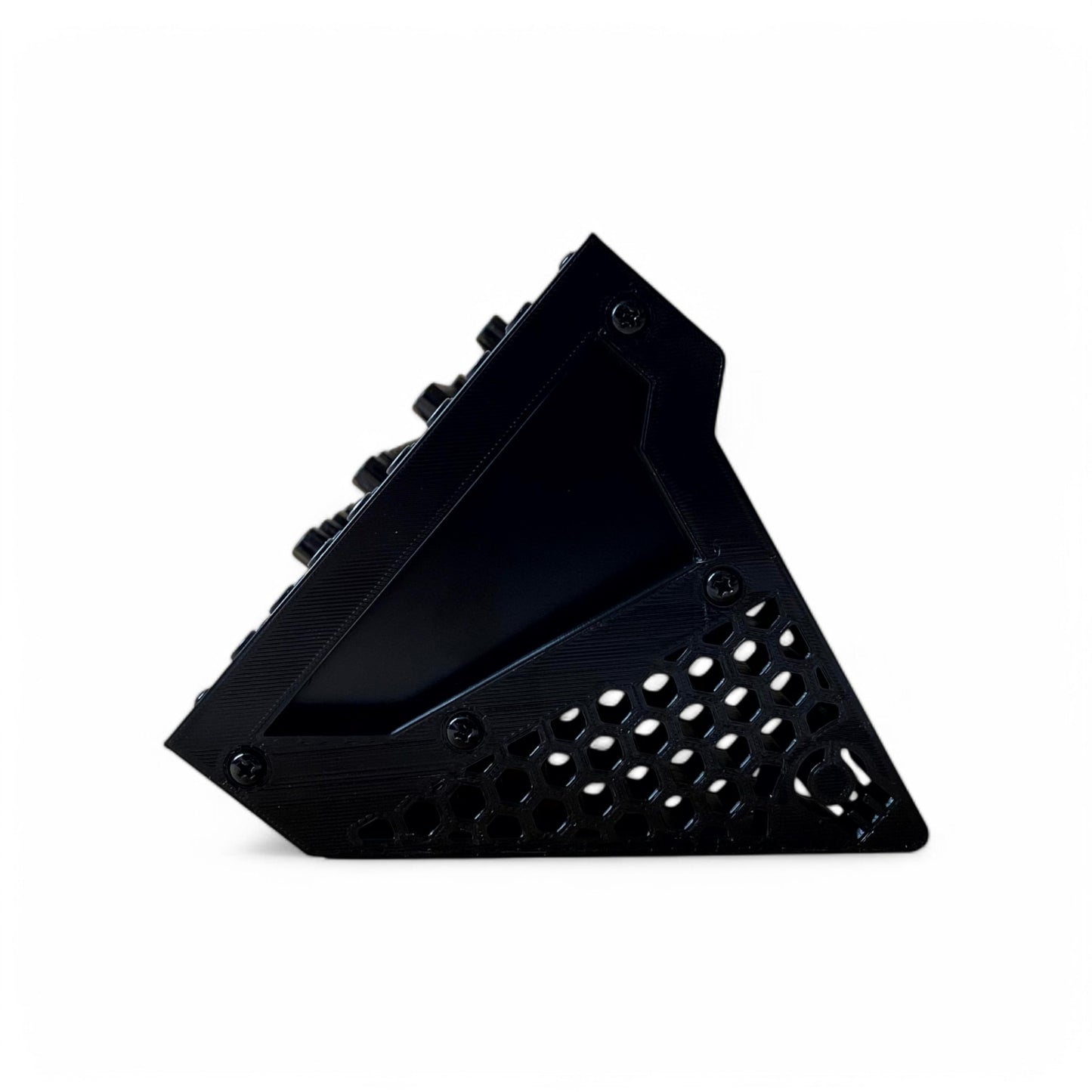 Behringer Module Synthesizer Side Panels | 3D Printed Synthesizer Stand | Cold Earth Industries - 50 Degrees 3D printed Side Panels in Black - Hex Cut - Side View - by Cold Earth Industries