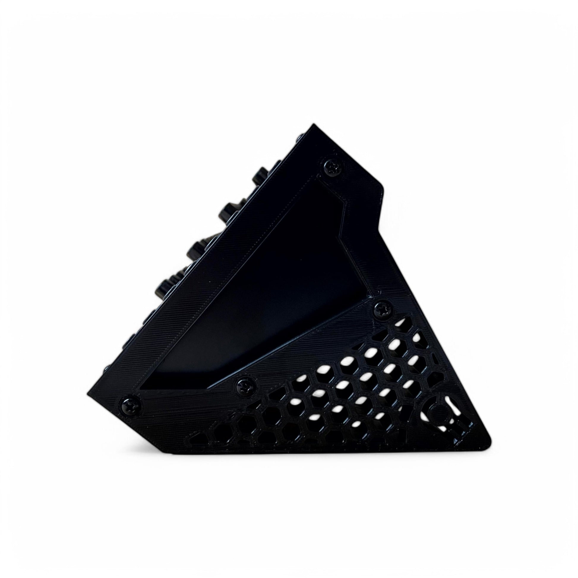 Behringer Module Synthesizer Side Panels | 3D Printed Synthesizer Stand | Cold Earth Industries - 50 Degrees 3D printed Side Panels in Black - Hex Cut - Side View - by Cold Earth Industries