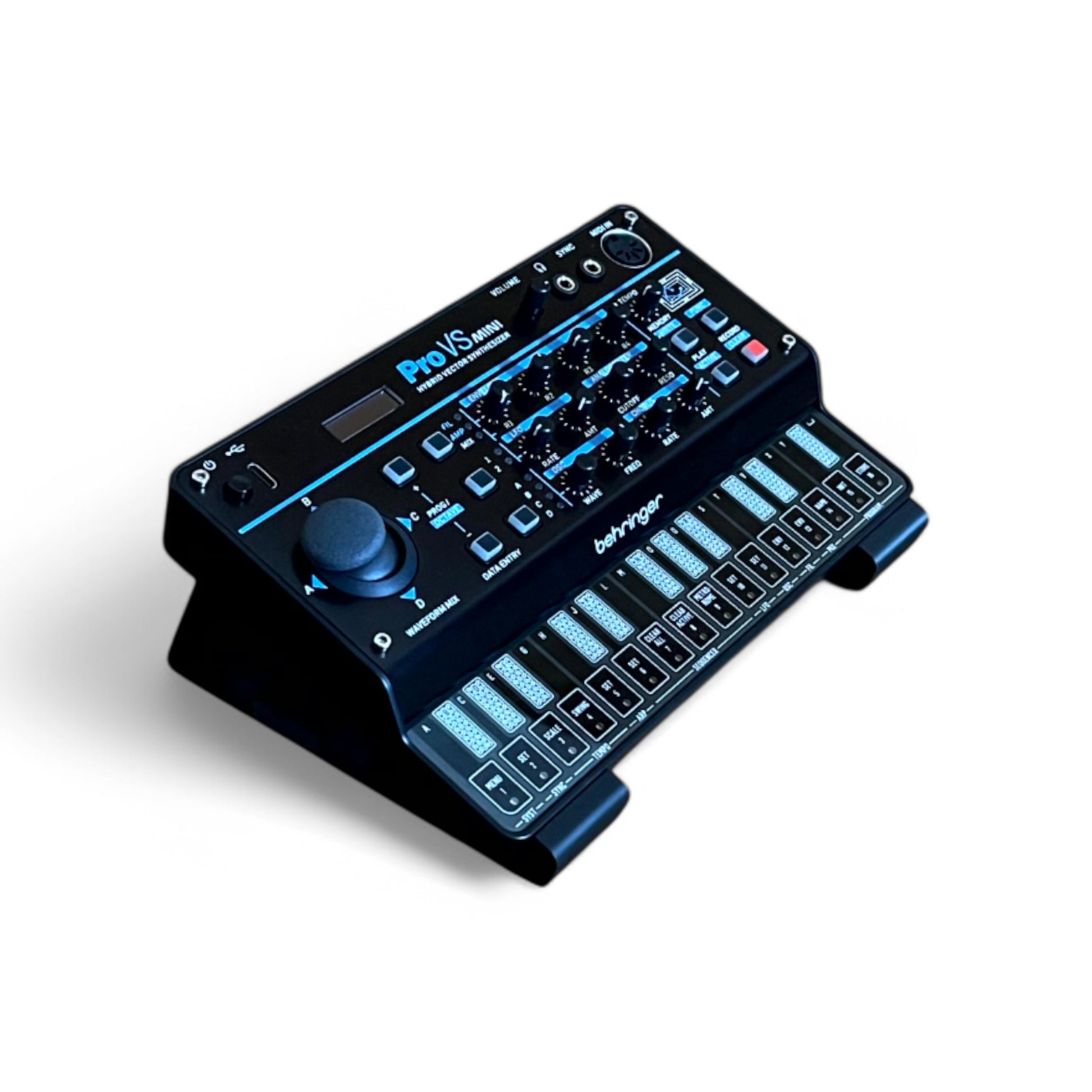 3D printed Behringer Pro VS Mini JT PHARA-O Synth 20 degree stand by Cold Earth Industries, shown in black on a white background – custom desktop stands.