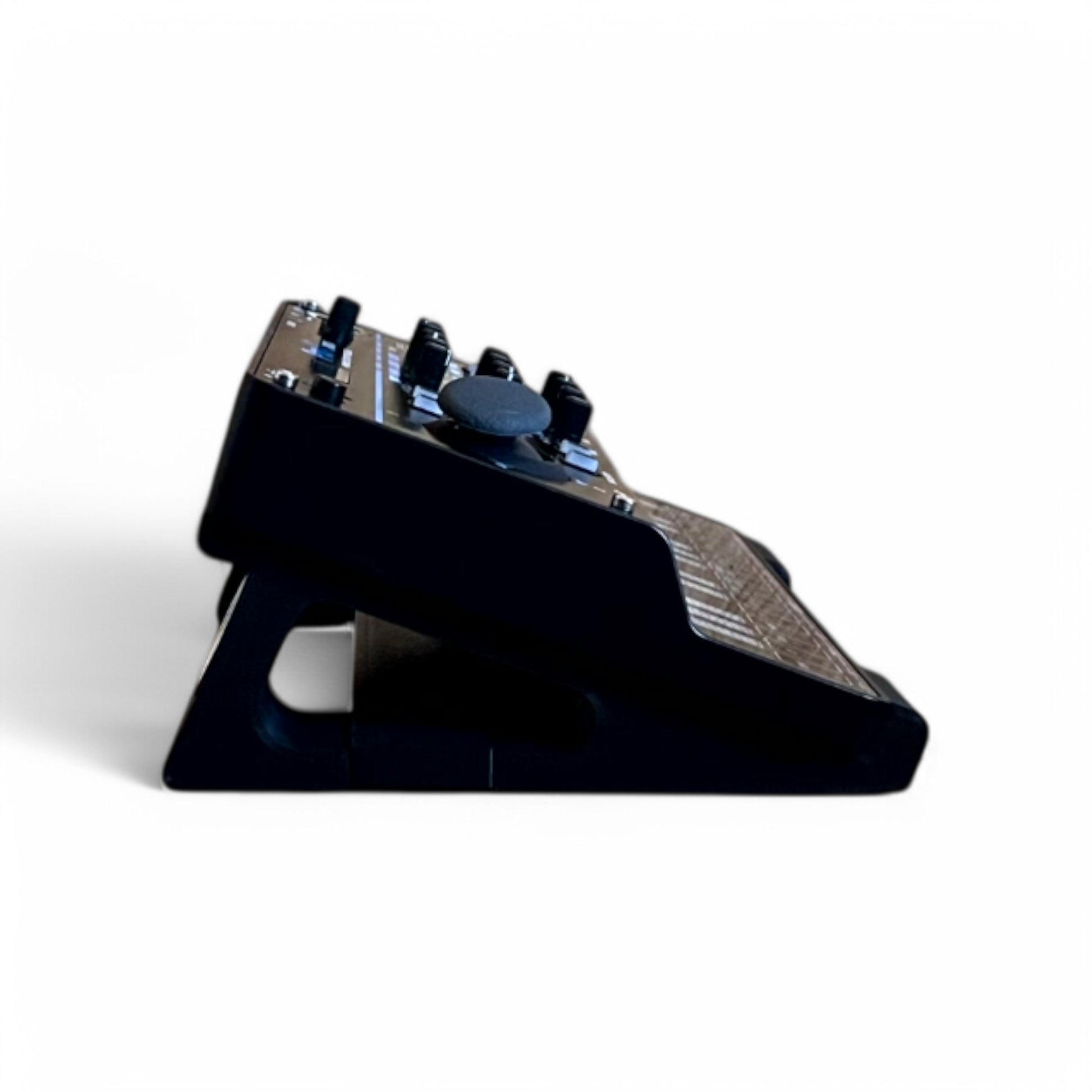 3D printed Behringer Pro VS Mini JT PHARA-O Synth 20 degree stand by Cold Earth Industries, shown side view in black on a white background with Pro VS Mini (not included) – custom desktop stands.