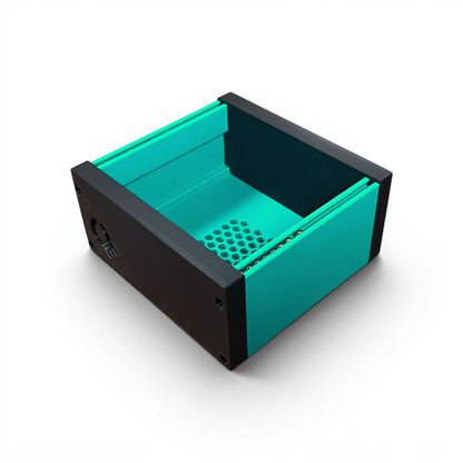 3D printed 20HP 3U Eurorack modular synthesizer case by Cold Earth Industries, shown with green body and black side panels on a white background – custom desktop skiff enclosure.