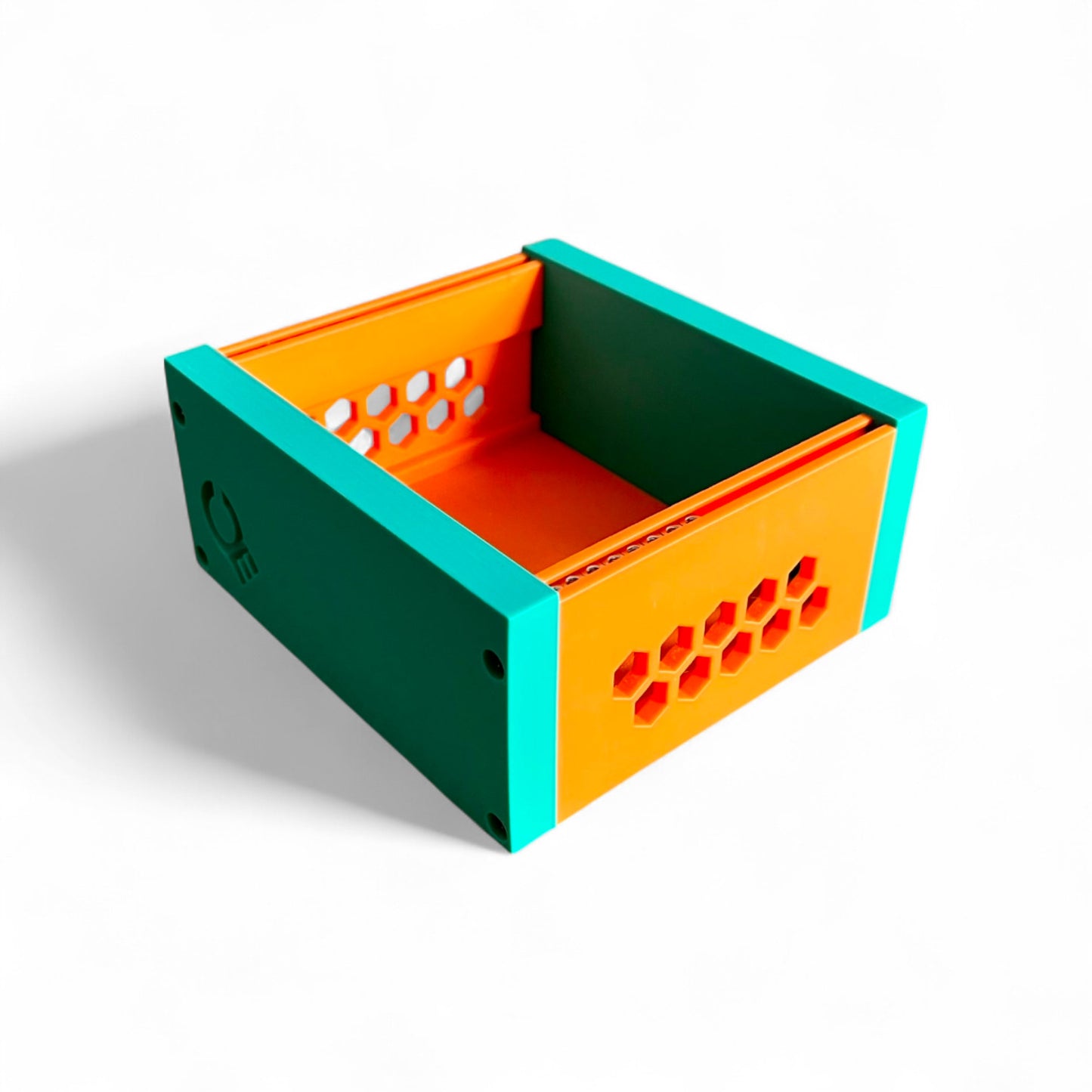 3D printed 20HP 3U Eurorack modular synthesizer case by Cold Earth Industries, shown with orange body and Green side panels on a white background – custom desktop skiff enclosure.