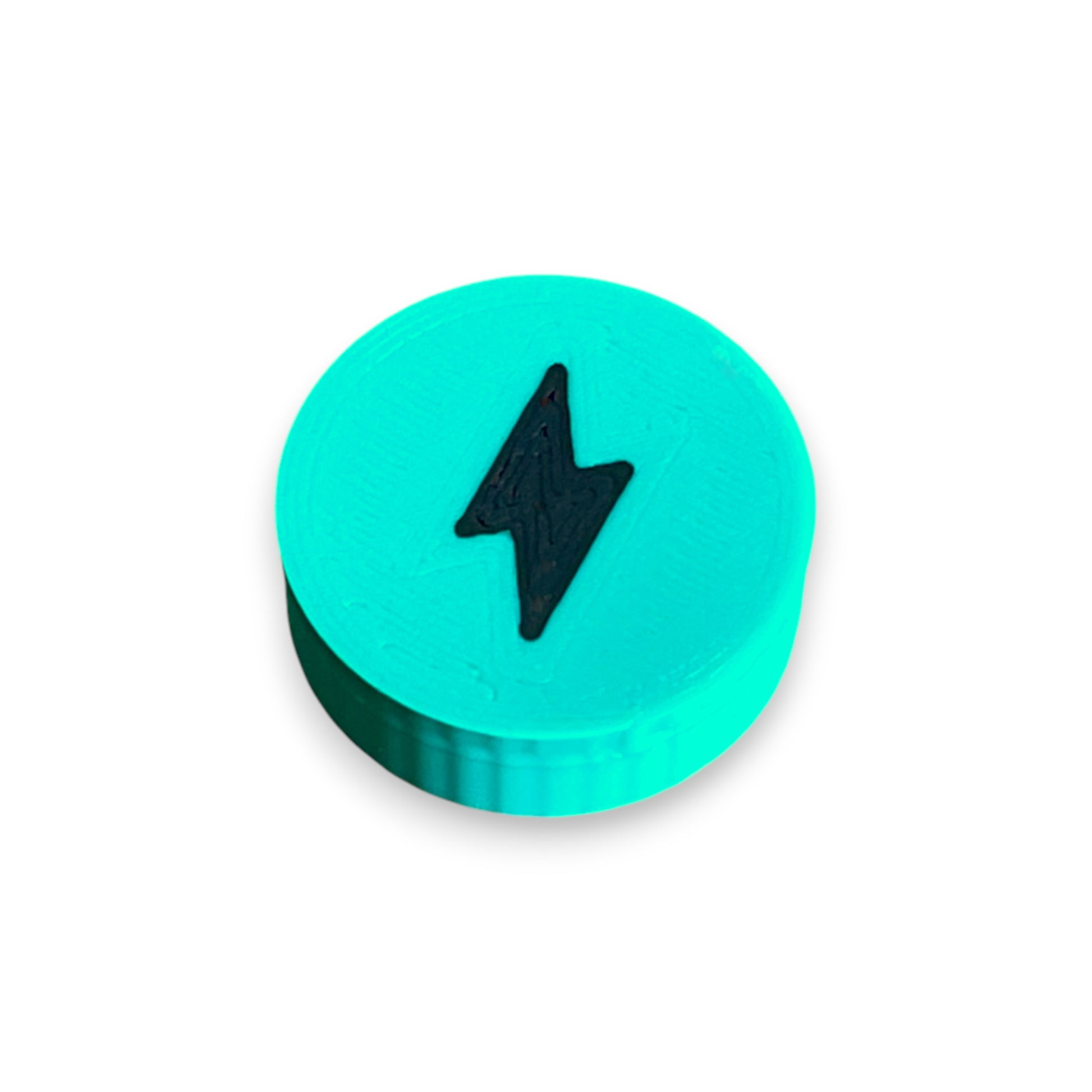 Low Profile Electric Mistress Guitar Pedal Footswitch Topper for 8.5mm / 10mm / 11mm Foot Switch. 3D printed Electric Design by Cold Earth Industries, shown in green with a black bolt icon, on a white background.