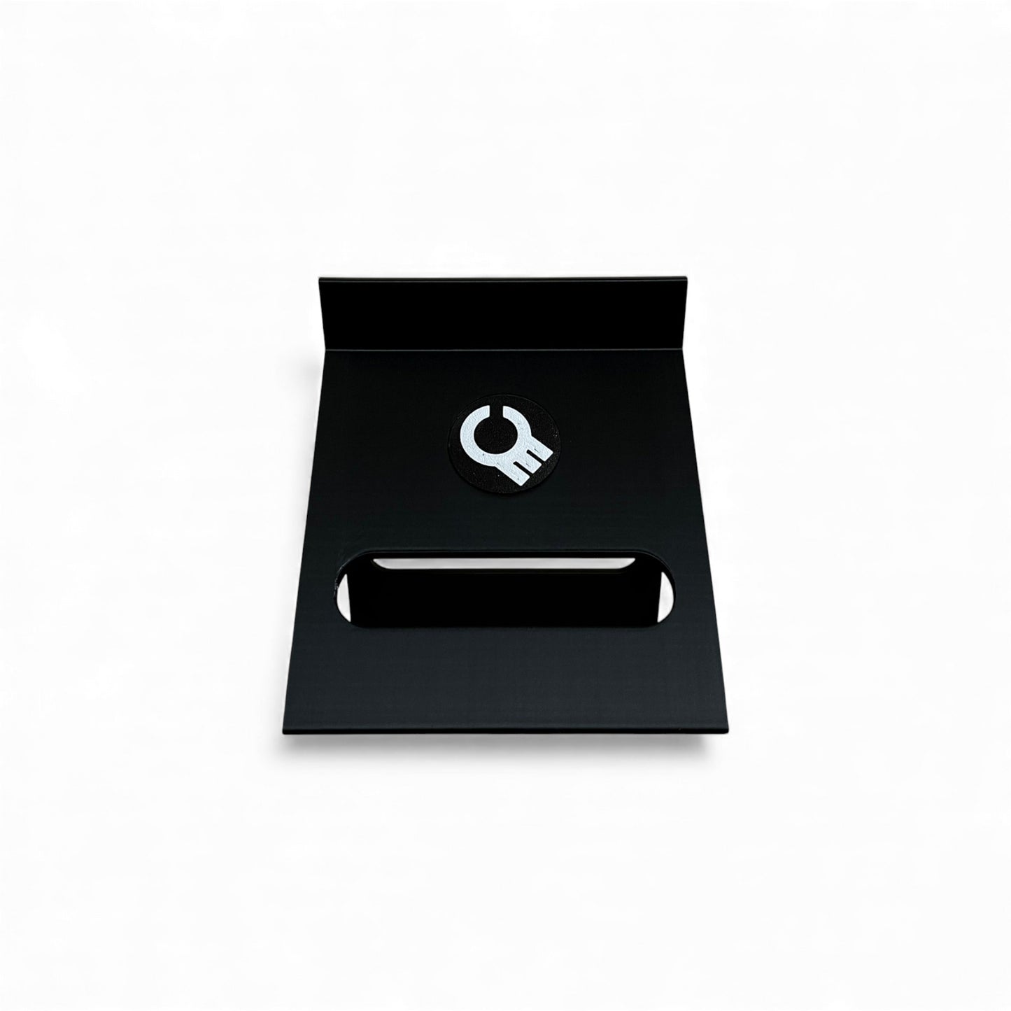 3D printed ElectroHarmonix Big Muff Pi Guitar Pedal 60 Degree stand by Cold Earth Industries, shown back view,  in black on a white background