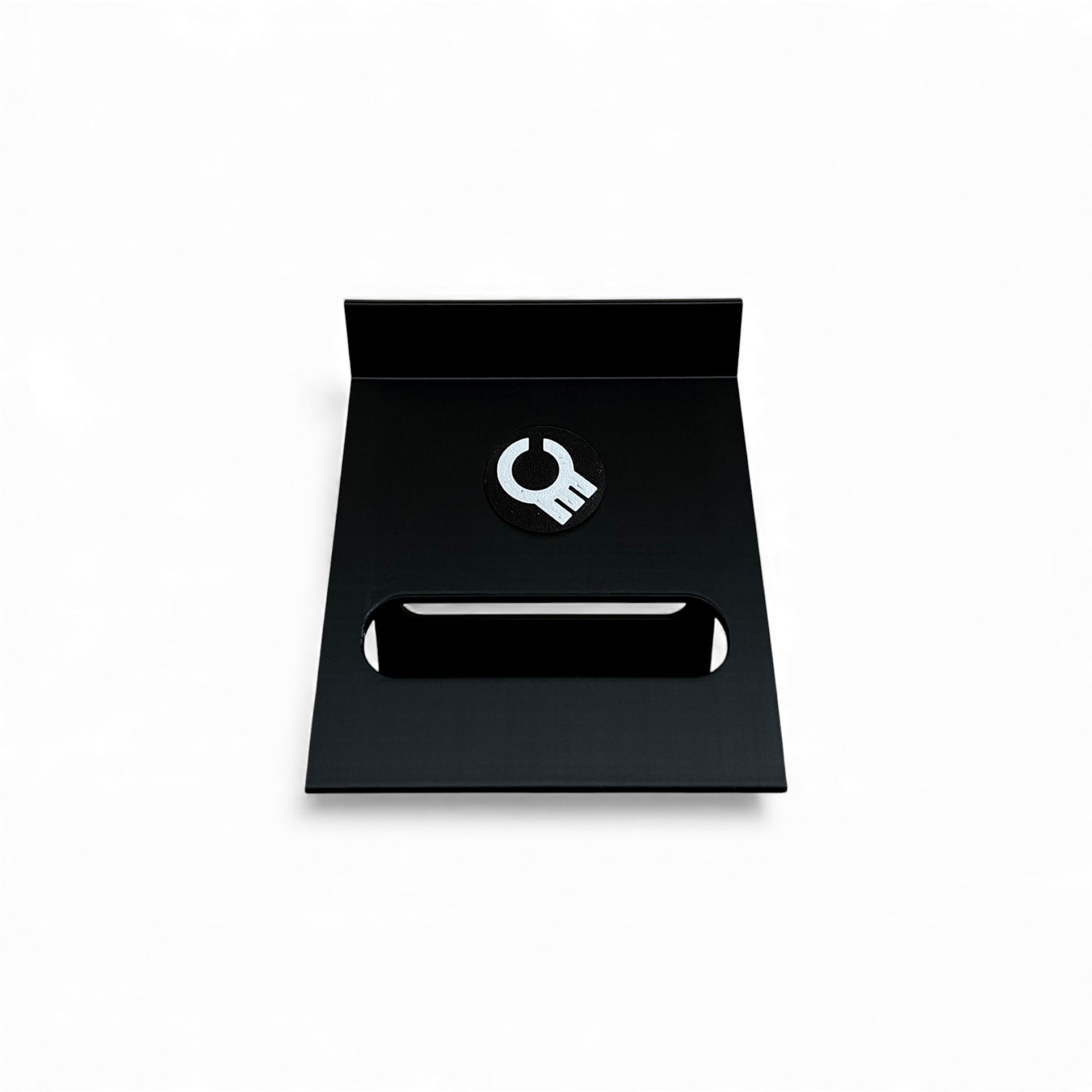 3D printed ElectroHarmonix Big Muff Pi Guitar Pedal 60 Degree stand by Cold Earth Industries, shown back view,  in black on a white background