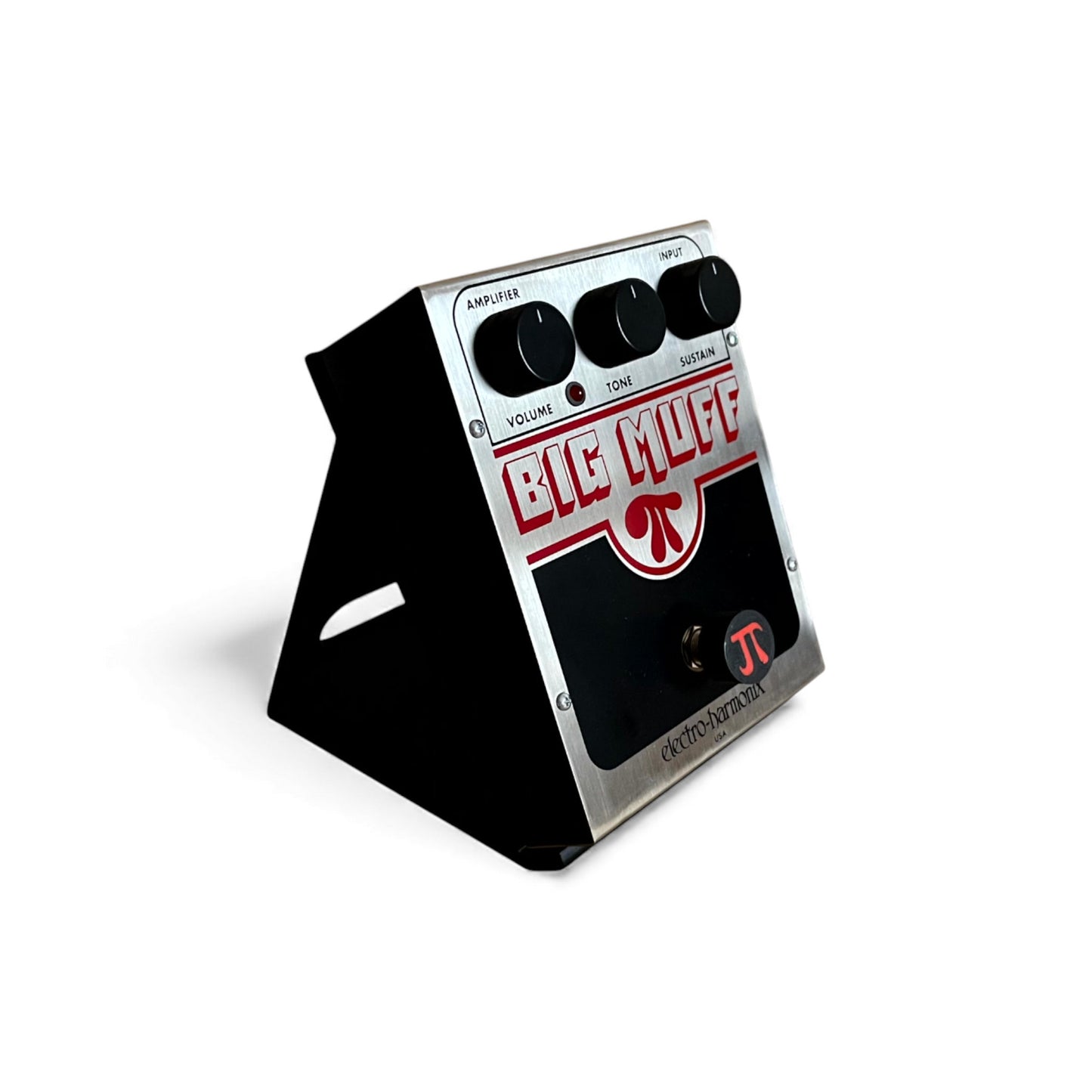 3D printed ElectroHarmonix Big Muff Pi Guitar Pedal 60 Degree stand by Cold Earth Industries, shown in black on a white background holding a ElectroHarmonix Big Muff Pi