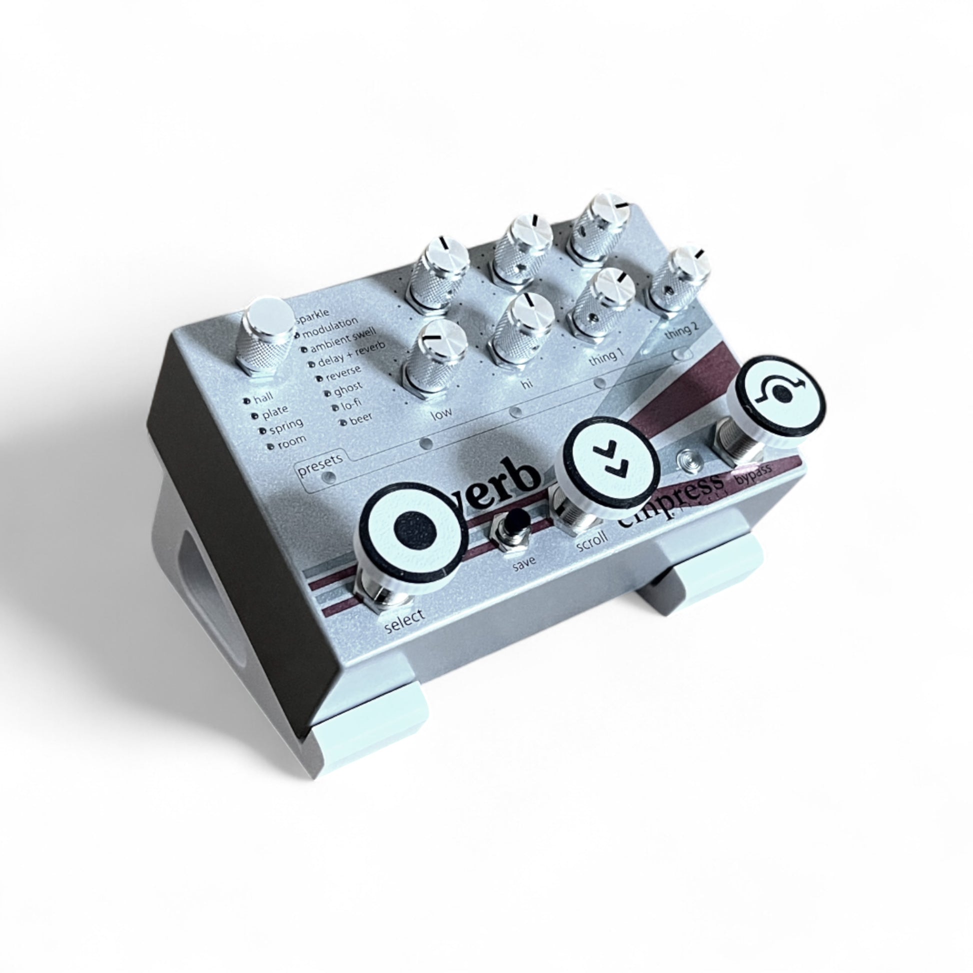 3D printed Empress Reverb / Echosystem Select Scroll & Bypass Guitar Pedals Footswitch Topper by Cold Earth Industries, shown on an Empress Reverb guitar pedal with a white background.