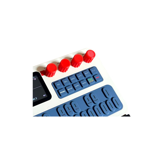 Close-up of red M-Vave FM-1 encoder caps by Cold Earth Industries fitted to the right hand encoders of an FM-1 synth