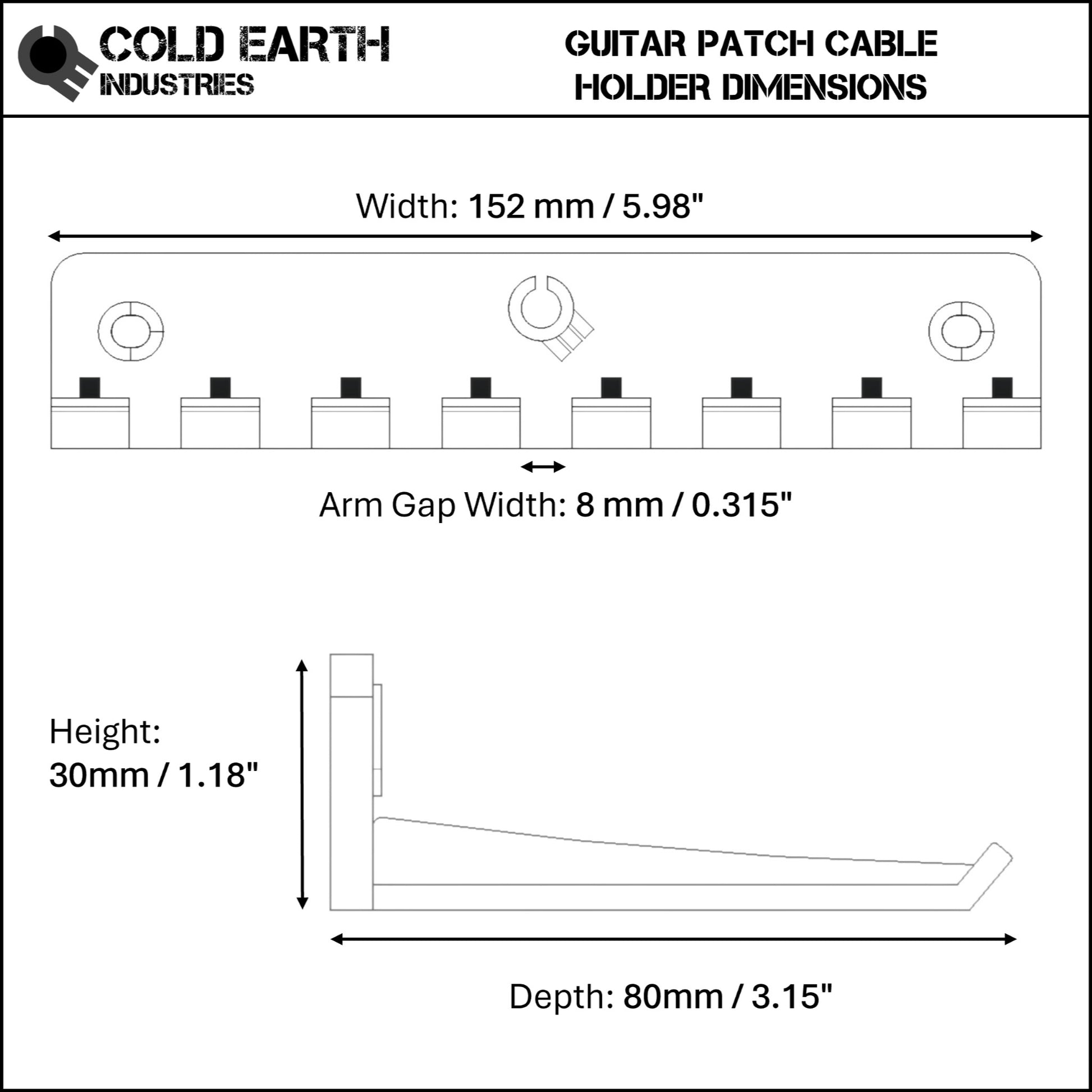 Cold Earth Industries Guitar Pedal Patch Cable holder dimensions, on a white background