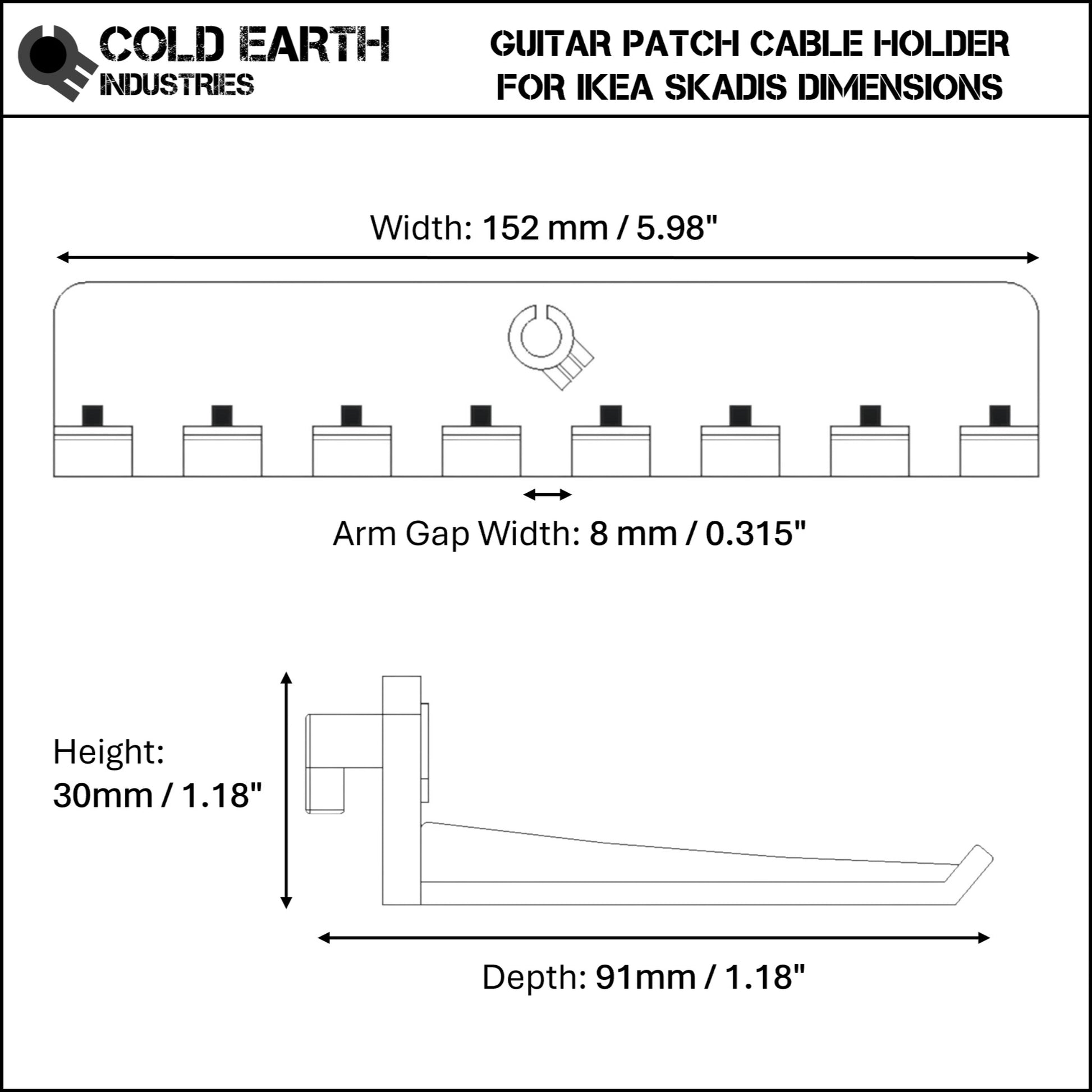 Cold Earth Industries Guitar Pedal Patch Cable holder for IKEA Skadis dimensions on a white background