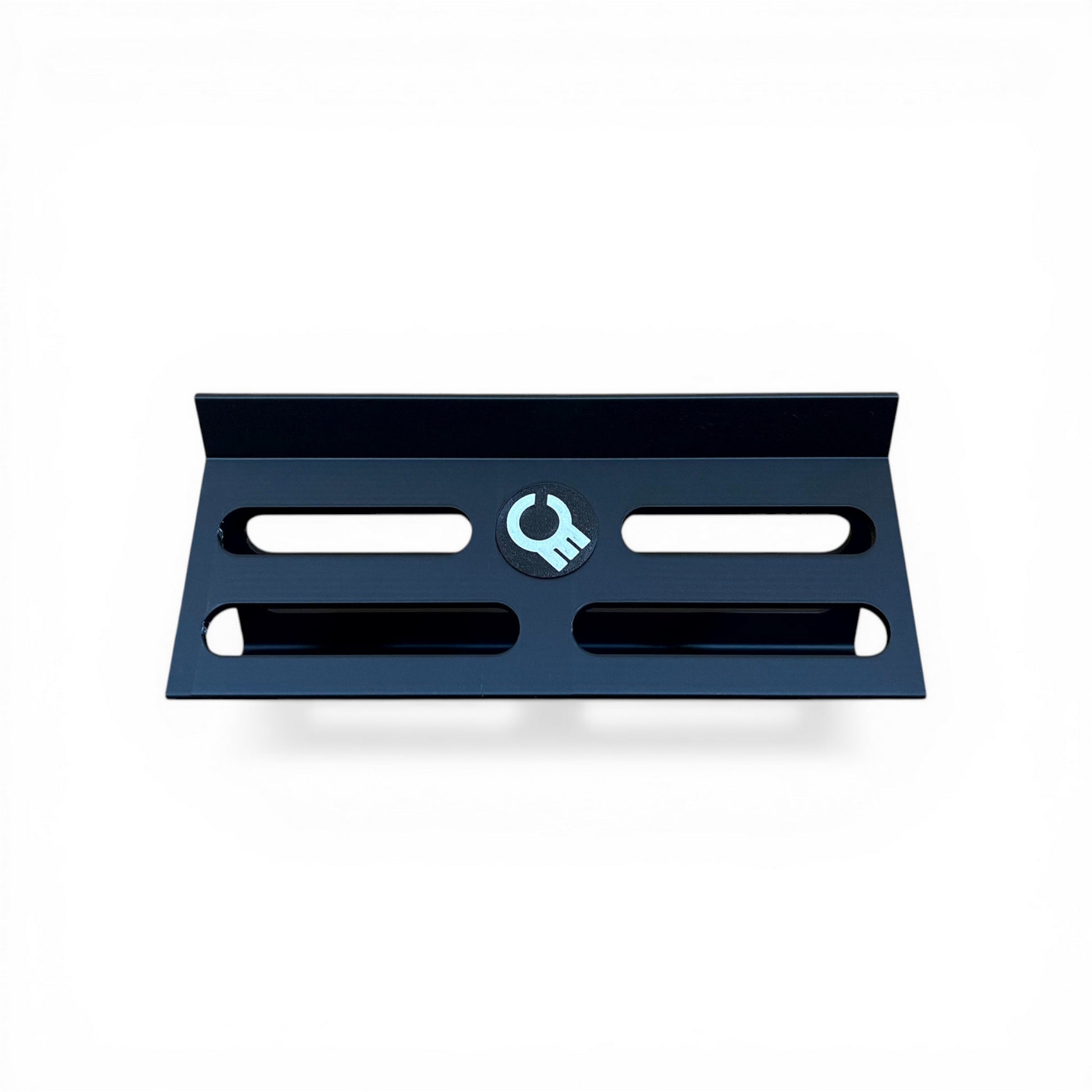 3D printed Cold Earth Industries Guitar Pedal Desktop Stand LITE 300MM Guitar Pedal 60 Degree stand by Cold Earth Industries, shown back view, in black, on a white background – custom desktop stands.