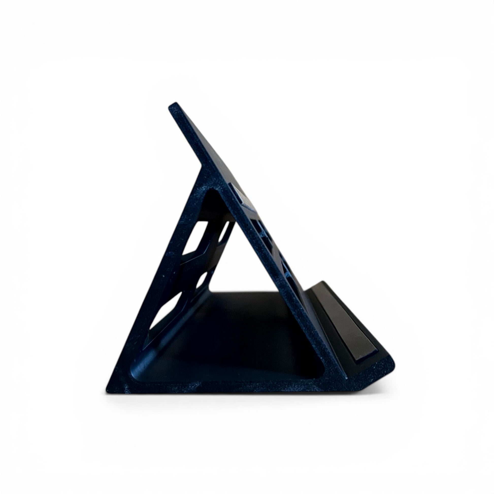 3D printed Cold Earth Industries Guitar Pedal Desktop Stand LITE 300MM Guitar Pedal 60 Degree stand by Cold Earth Industries, shown side view, in black, on a white background – custom desktop stands.