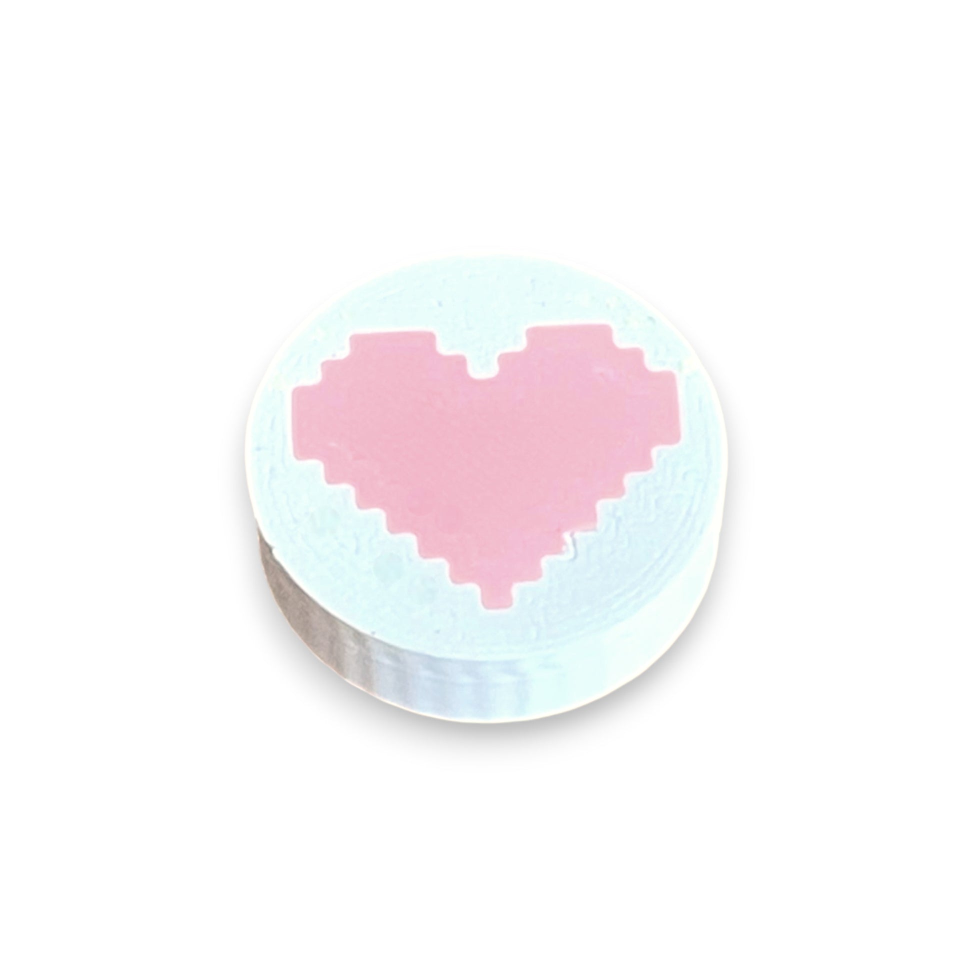 Low Profile Guitar Pedal Footswitch Topper for 8.5mm / 10mm / 11mm Foot Switch. 3D printed Heart Design on a White Topper with a Pink heart by Cold Earth Industries, shown on a white background.