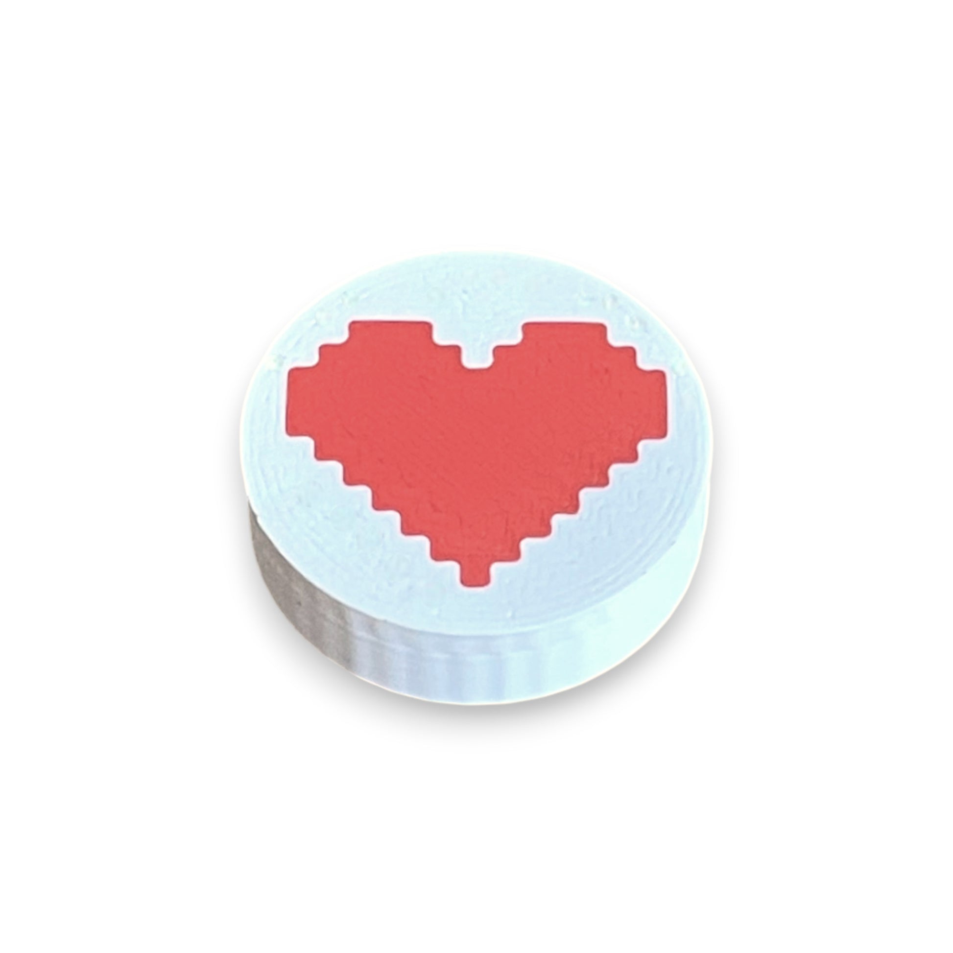 Low Profile Guitar Pedal Footswitch Topper for 8.5mm / 10mm / 11mm Foot Switch. 3D printed Heart Design on a White Topper with a Red heart by Cold Earth Industries, shown on a white background.