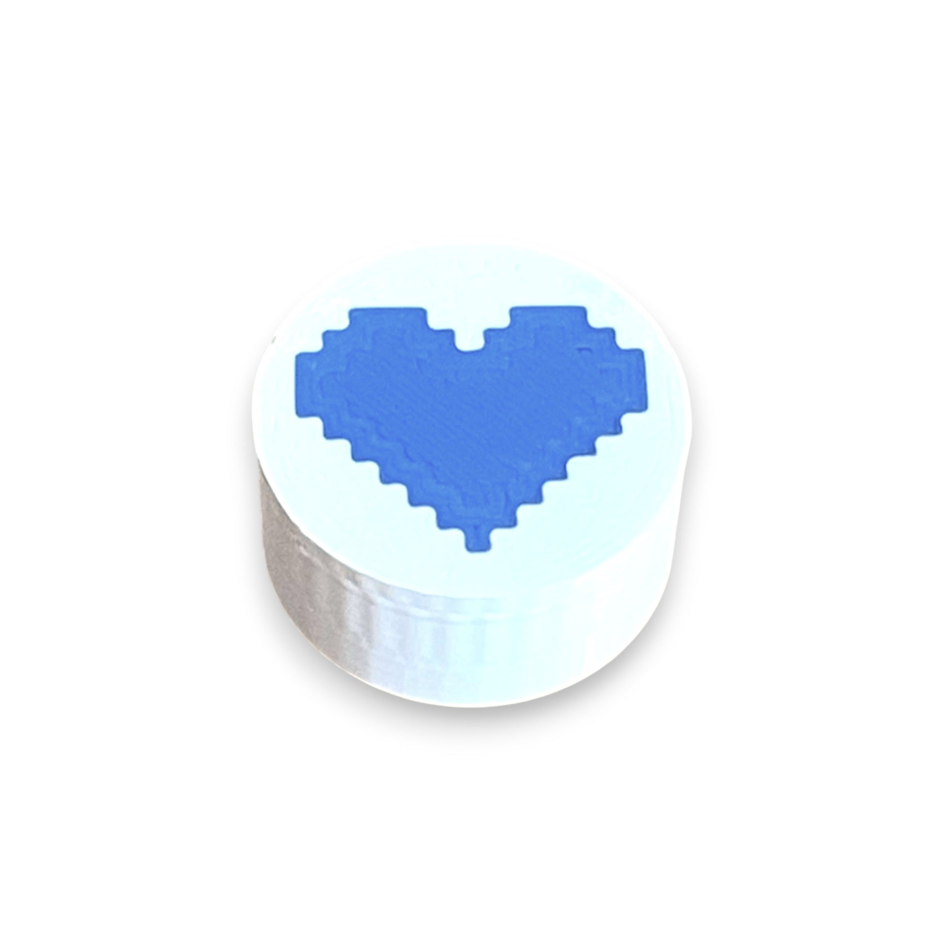 Guitar Pedal Footswitch Topper for 8.5mm / 10mm / 11mm Foot Switch. 3D printed Heart Design on a White Topper with a Blue heart by Cold Earth Industries, shown on a white background.