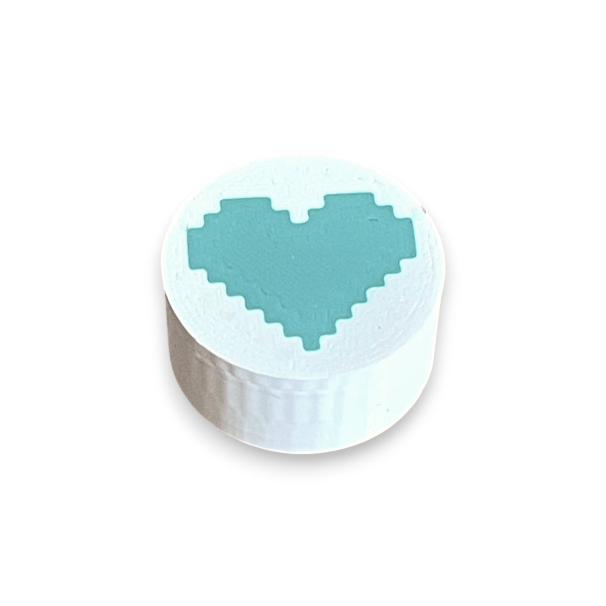 Guitar Pedal Footswitch Topper for 8.5mm / 10mm / 11mm Foot Switch. 3D printed Heart Design on a White Topper with a Green heart by Cold Earth Industries, shown on a white background.