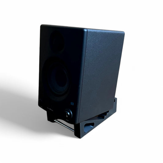 3D printed Presonus Eris E3.5 Studio Speaker / Monitor 0 - 24 degree stand holding a Presonus Eris 3.5 speaker, by Cold Earth Industries. Shown front angle in white on a white background