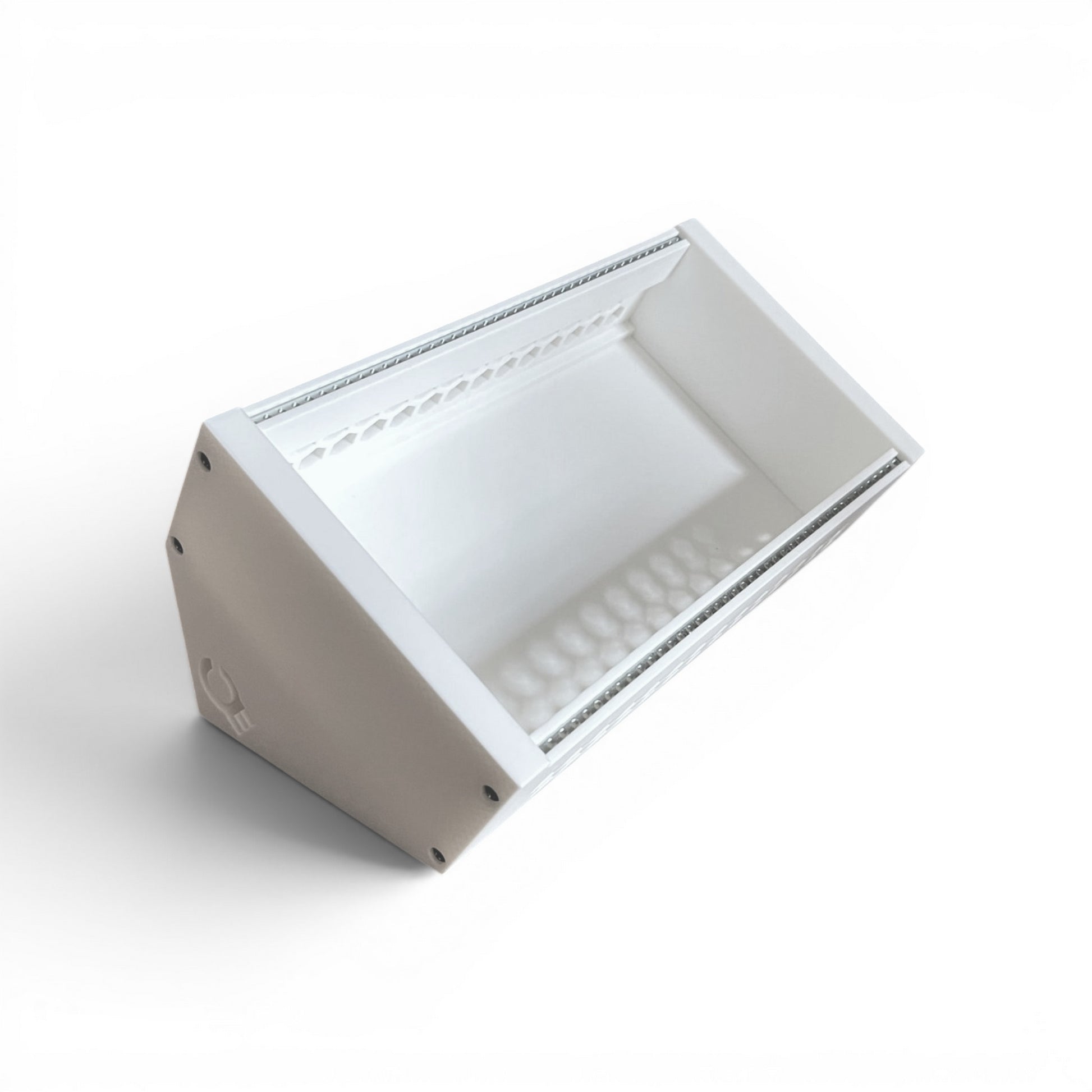 3D printed 42HP 3U Eurorack modular synthesizer case by Cold Earth Industries,  with white body and white side panels on a white background – custom desktop skiff enclosure.
