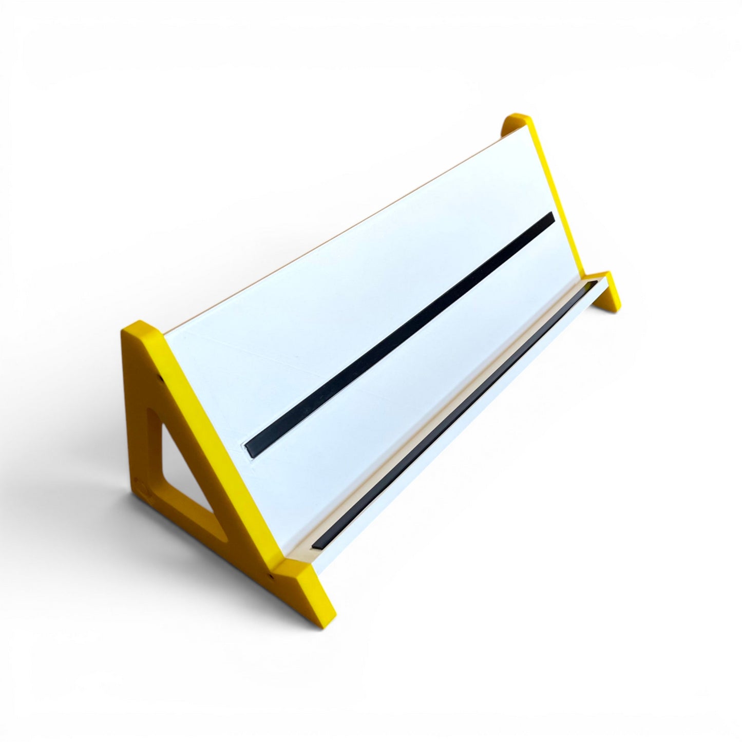 3D printed Guitar Pedal Desktop Stand - Open Sides 400mm x 150mm 60 Degree Pedalboard & Synth Stand stand by Cold Earth Industries, shown in White with Yellow Sides, on a white background – custom desktop stands.
