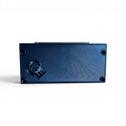 3D printed 20HP 3U Eurorack modular synthesizer case by Cold Earth Industries, shown, side view, with grey body and black side panels on a white background – custom desktop skiff enclosure.