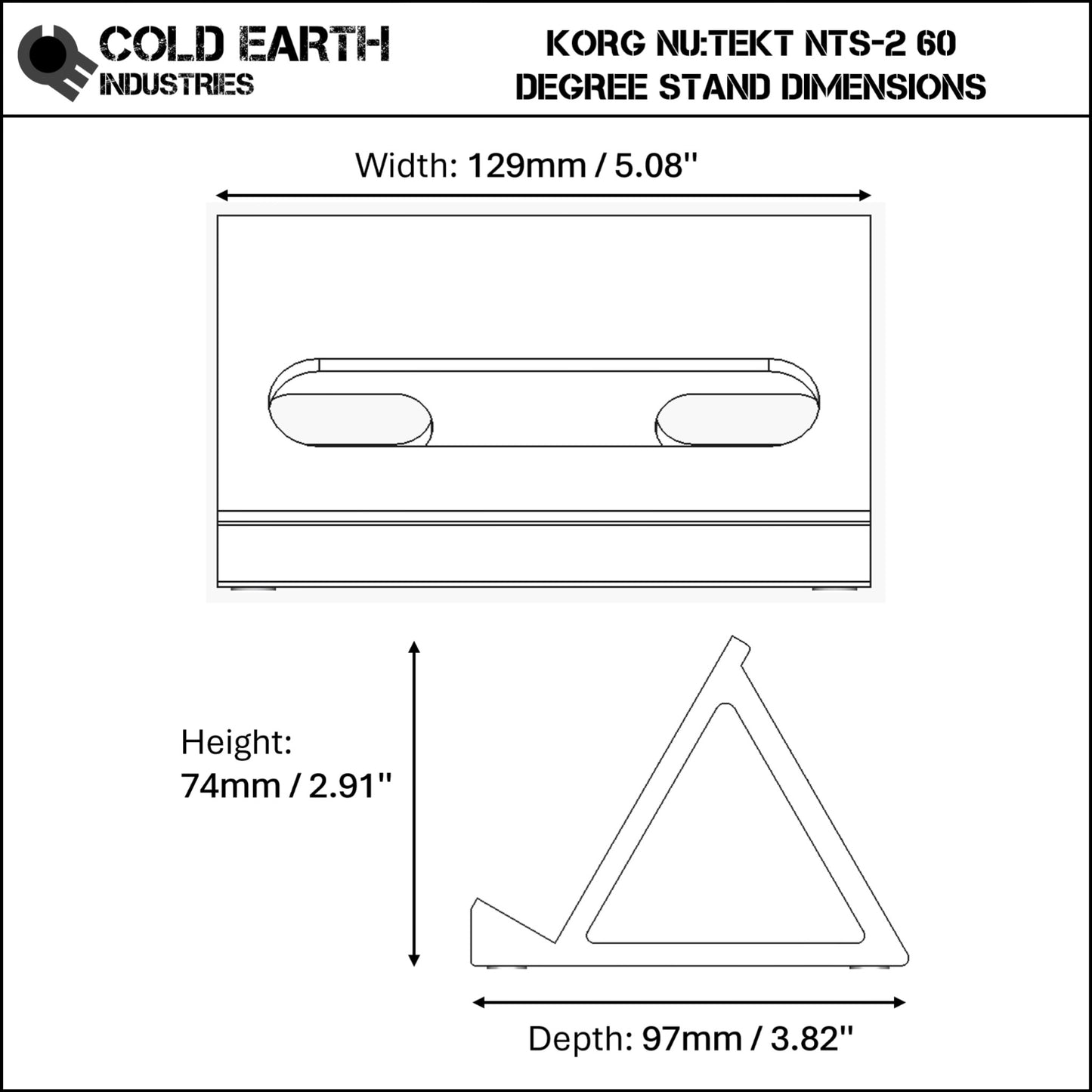 3D printed Korg Nu:Tekt NTS-2 Oscilloscope 60 degree stand dimensions by Cold Earth Industries, shown on a white background