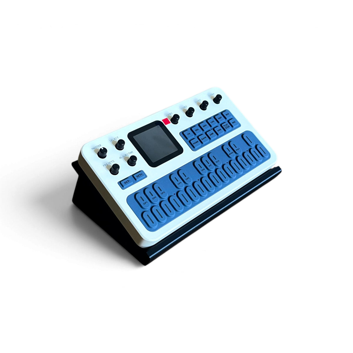 3D printed M-Vave FM-1 Synth 60 degree stand by Cold Earth Industries, shown in black on a white background holding a M-Vave FM-1 Synthesizer.