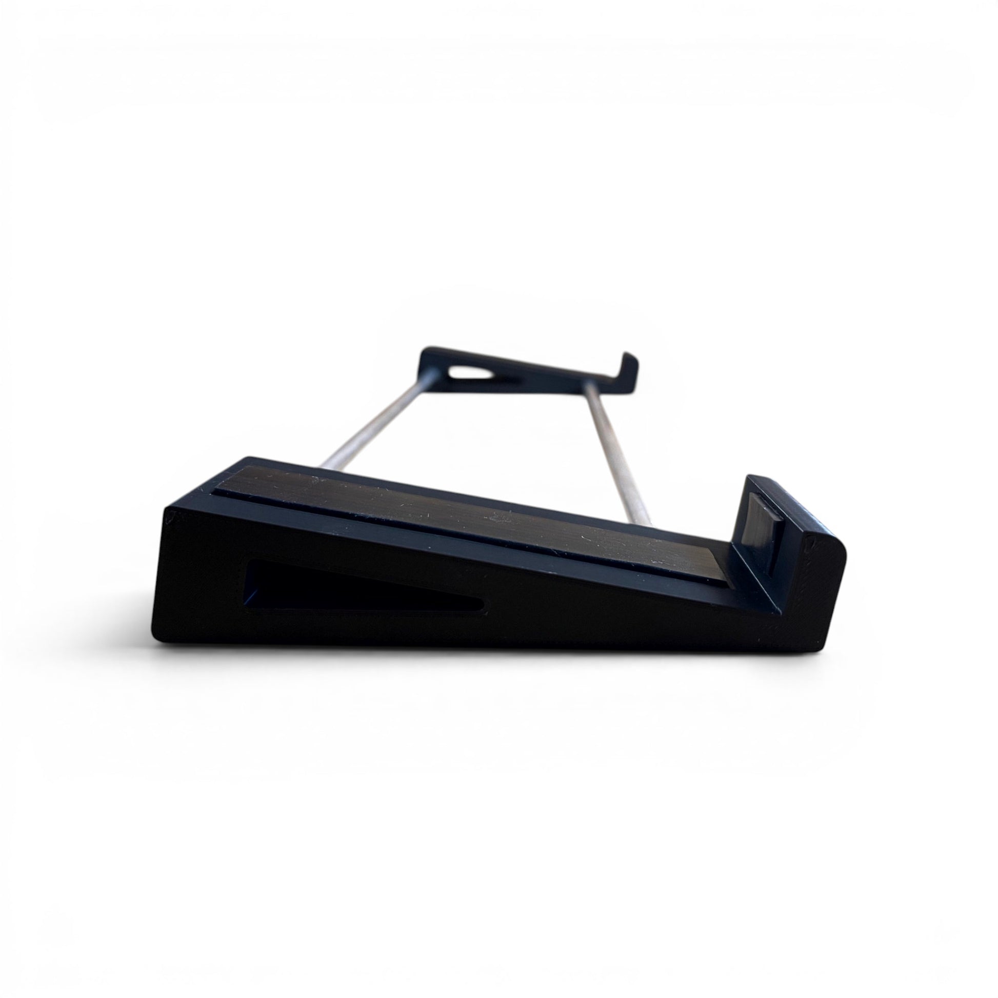 3D printed Melbourne Instruments Roto-Control Motorized Midi Controller 10 degree stand by Cold Earth Industries, shown sideview, in black, on a white background