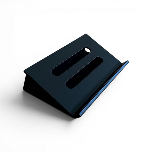 3D printed Moog Minitaur Analog Bass Synthesizer 25 degree stand by Cold Earth Industries, shown in black on a white background