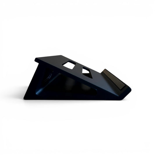 3D printed Moog Minitaur Analog Bass Synthesizer 25 degree stand by Cold Earth Industries, shown side view, in black, on a white background